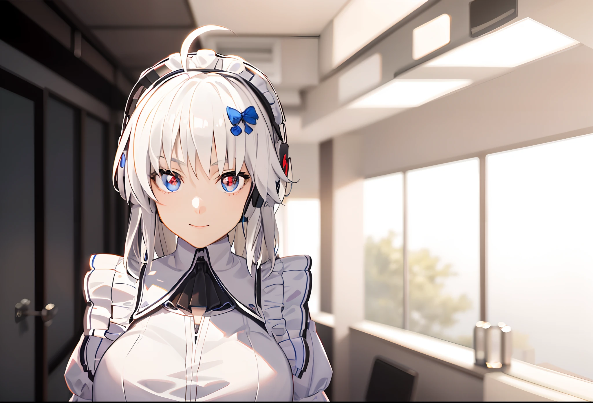 (Happy eyes: 1.8) (The left eye is blue: 1.5)(The right eye is red: 1.5) (Looking forward: 1.5) Anime character in black and white costume and headphones, anime girls in maid costumes, Cool 3D Anime Girl Rendering, anime girls in maid costumes, maid clothes, gorgeous maid, white haired god, Blue and Red Odd-Eye
