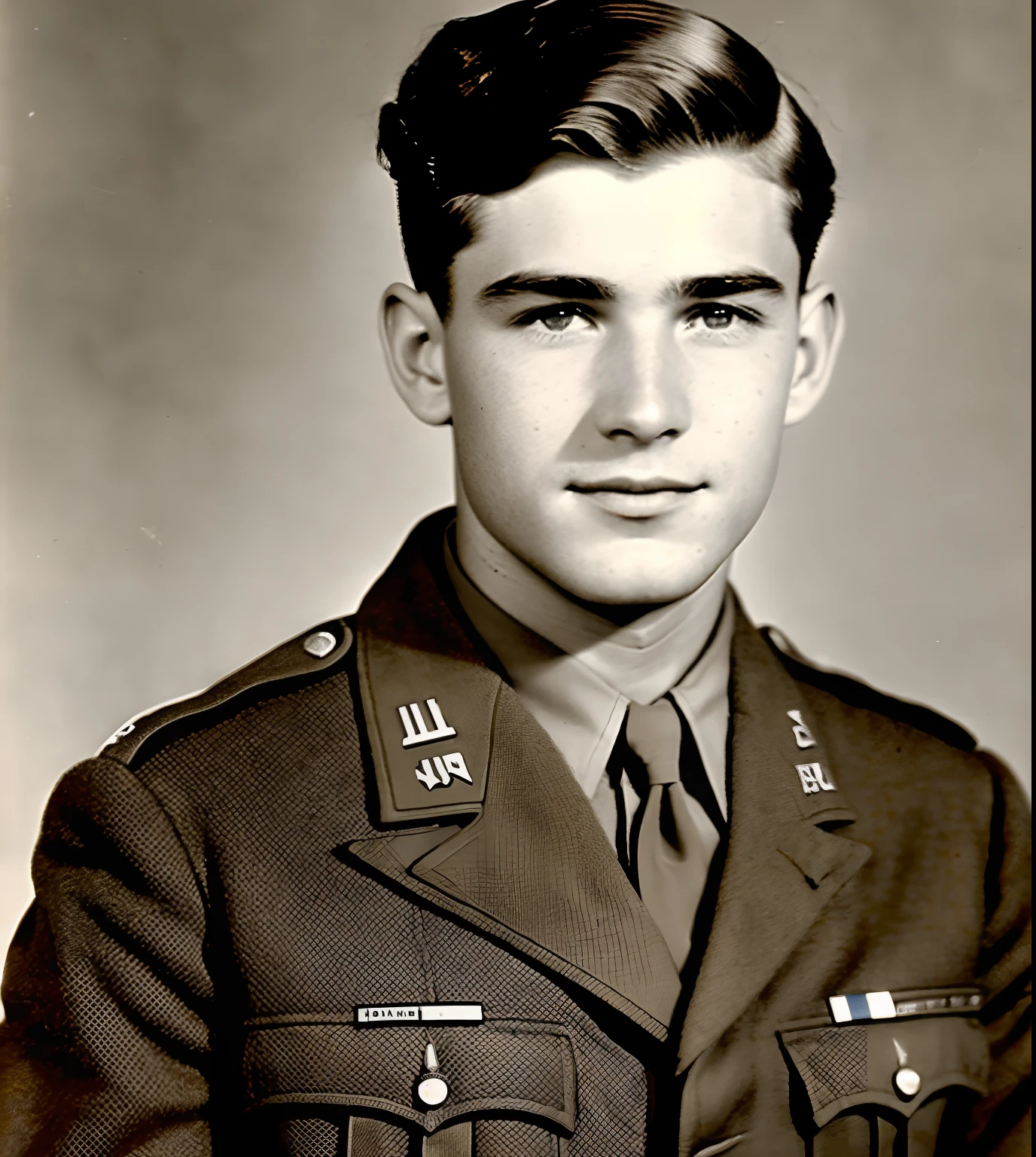 A WW2 American soldiers who is in his early twenties, he has pale skin and hazel eyes and brown hair and in the background is an American camp in the 1940s era and his name is hermann smchidt