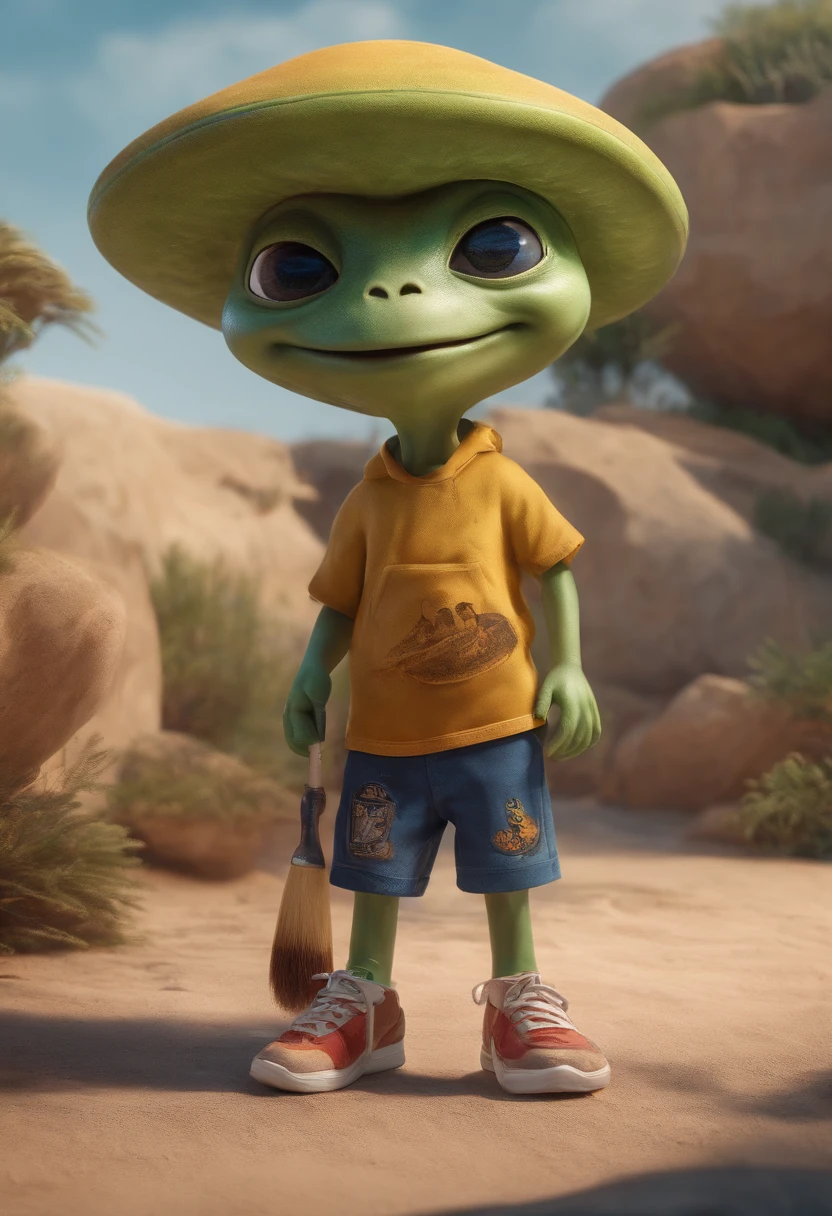 master part, Alien fofinho, regata, Wearing shorts and sneakers, Smiling and holding an ink-stained brush in one hand.