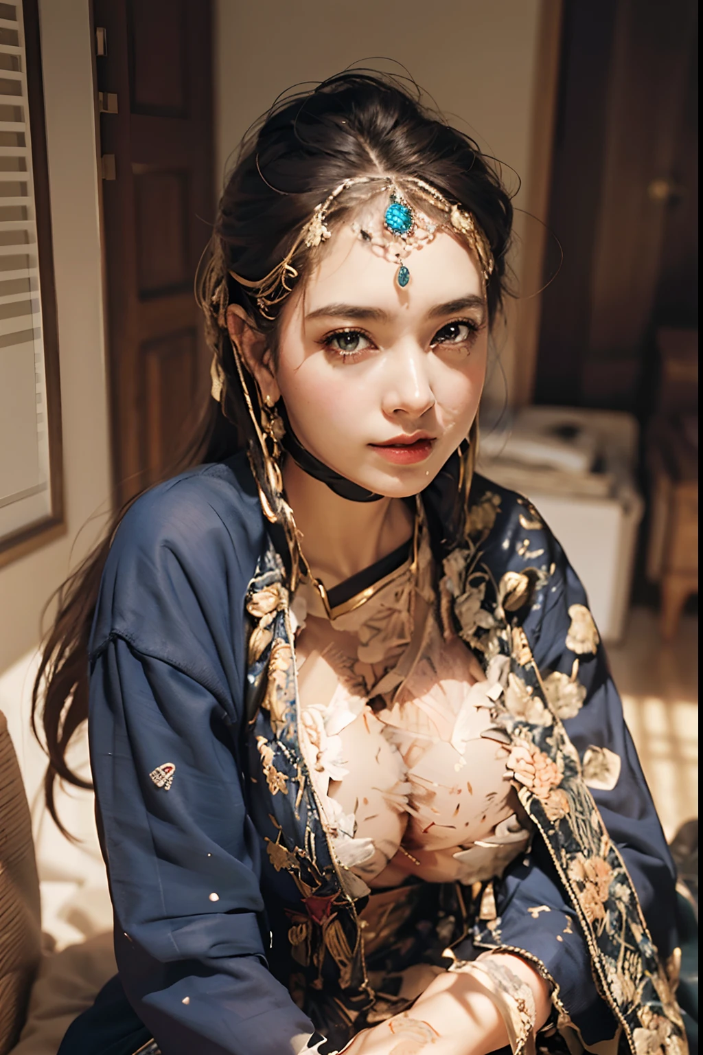 (1 girl:1.3),photorealistic photos,Photorealsitic:1.4 Official art,ultra - detailed,Beautiful and beautiful,big breasts beautiful,tmasterpiece,best qualtiy,Sitting down,Spread your legs apart,Camel toes,hand behind head, ,(Large exposed cleavage),Open your fingers,