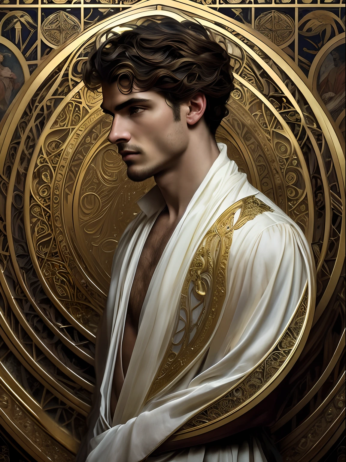 high quality, super realistic, Envision a hyper-realistic composition that seamlessly integrates the exquisite detail of John Singer Sargent with the dreamlike elegance of Alphonse Mucha, creating a insanely handsome man’s portrait where realism and Art Nouveau mystique converge, An extremely seductive masculine and handsome man is depicted against a backdrop of golden swirling patterns inspired by Mucha's iconic golden ornamental designs, The man is adorned in flowing garments that echo Mucha's romantic style, with intricate patterns intertwining seamlessly with the hyper-realistic details of his attire, by yukisakura, highly detailed,