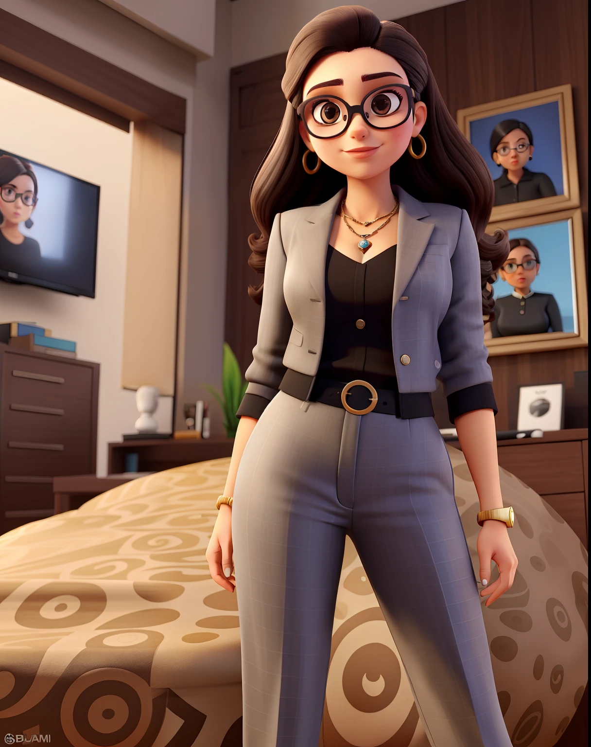 Uma mulher branca advogada, jovem, Serious, Chic and wise, com cabelo longo liso e preto , olhos esbugalhados e grandes na cor marrom, Mouth with big lips, quadril um pouco largo, with black dress pants, blusa preta e brazer branco, She's wearing sunglasses with a brown frame with a jaguar, salto alto preto, In a fancy law firm.