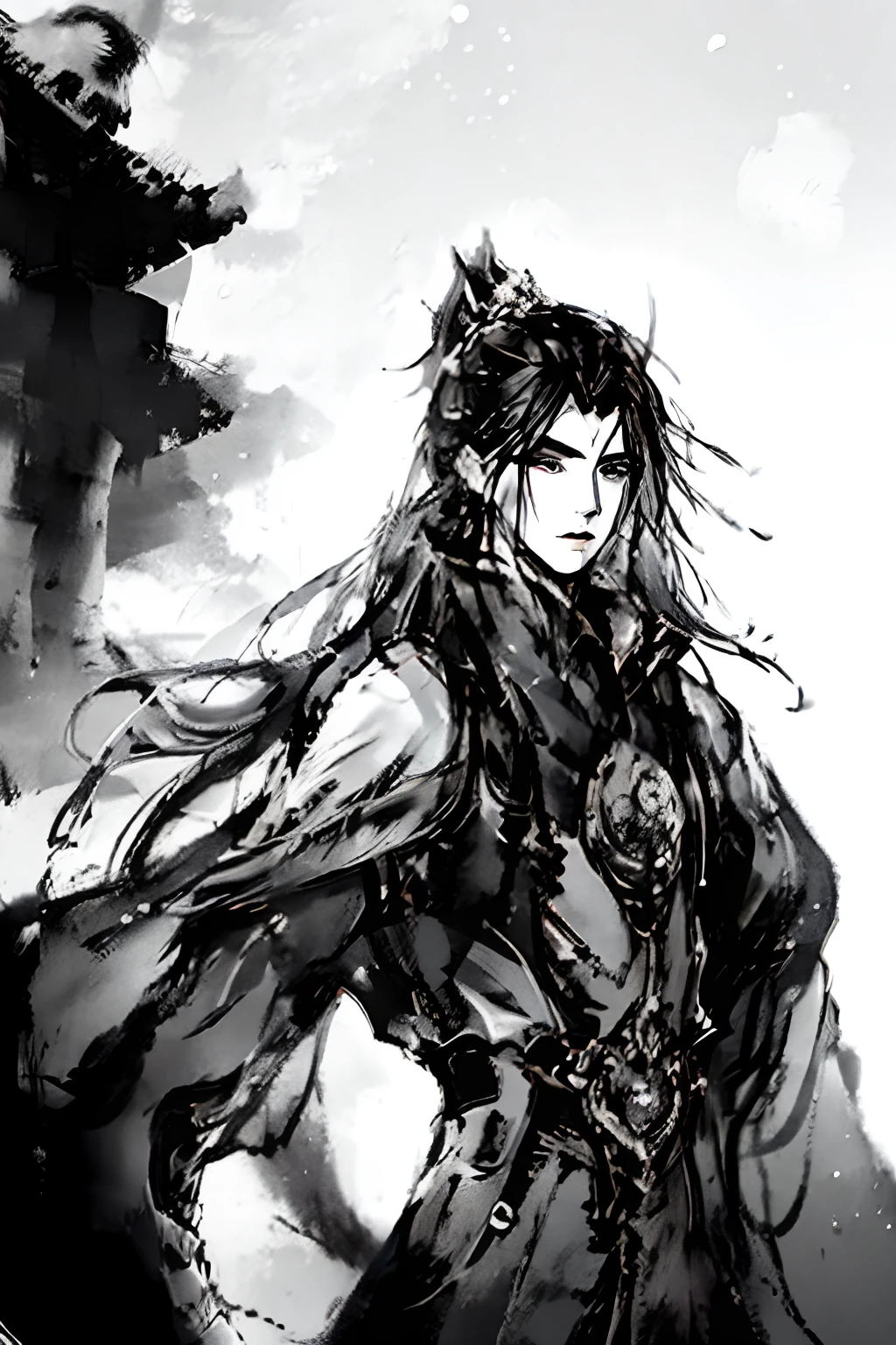 A boy will look away. He will be wearing a black genji. The site will have a black wall behind it