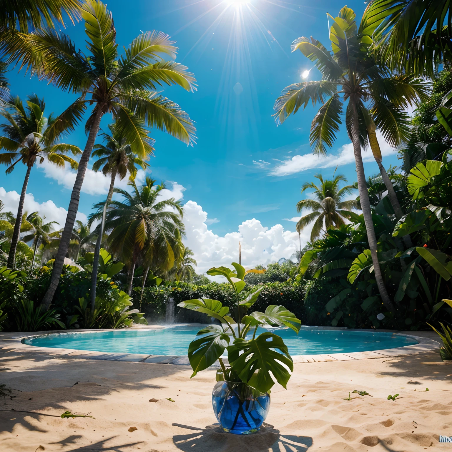 cena ultra realista, mundo paralelo, Planta tropical de outro mundo como deus, culto, flores tropicais, arte incomum, Unique Art, blue summer sky background, sunlight, luz solar brilhante, Liquidificador, Product rendering, HD 8K. --V6