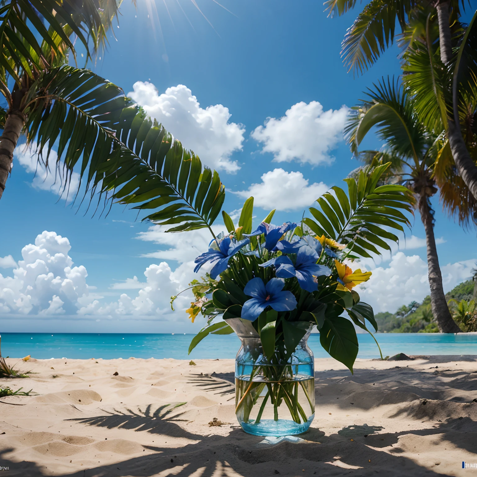 cena ultra realista, mundo paralelo, Planta tropical de outro mundo como deus, culto, flores tropicais, arte incomum, Unique Art, blue summer sky background, sunlight, luz solar brilhante, Liquidificador, Product rendering, HD 8K. --V6