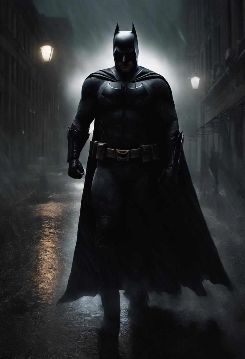 (best quality,4k,8k,highres,masterpiece:1.2),ultra-detailed,physically-based rendering,batman in Halloween costume,portraits,gothic style,detailed cape,sharp focus,gloomy atmosphere,vivid colors,ominous lighting,cityscape background,dark shadows,sinister expression,masked face,utility belt,combat stance,gritty texture,heroic pose,mysterious ambiance,expressive eyes,intense gaze,nighttime setting,moonlit sky,eerie silhouette,sculpted muscles,rain-soaked streets,tense atmosphere,haunting presence,creeping fog,dramatic composition,black and gray color scheme,foreboding aura,fierce determination,cape billowing in the wind,dark knight,iconic symbol,protecting Gotham City. anatomy correct