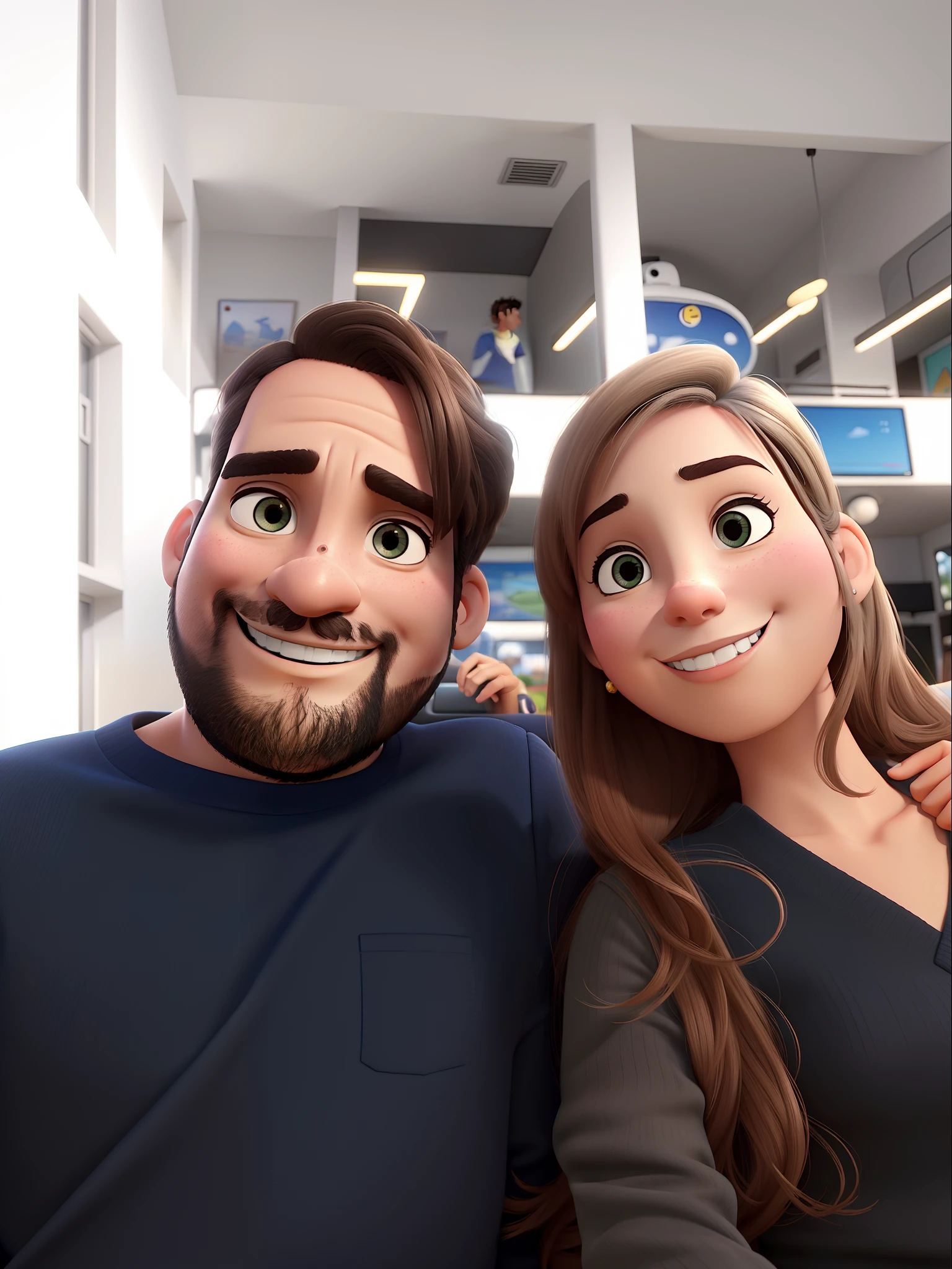 Um casal estilo pixar, alta qualidade, melhor quailidade, um parque como pano de fundo