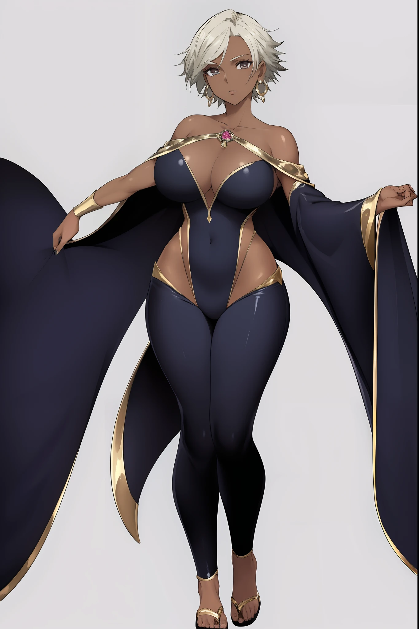 beautiful, (masterpiece:1.2), (best quality:1.2), perfect lighting, close up, upper half, 1girl, , refsheet, full bodyOroro, dark skin, short hair, earrings, robe ,,exposed shoulders, pants, large breasts, cute, cape foreshortening, depth, lab, , full body,flipflops