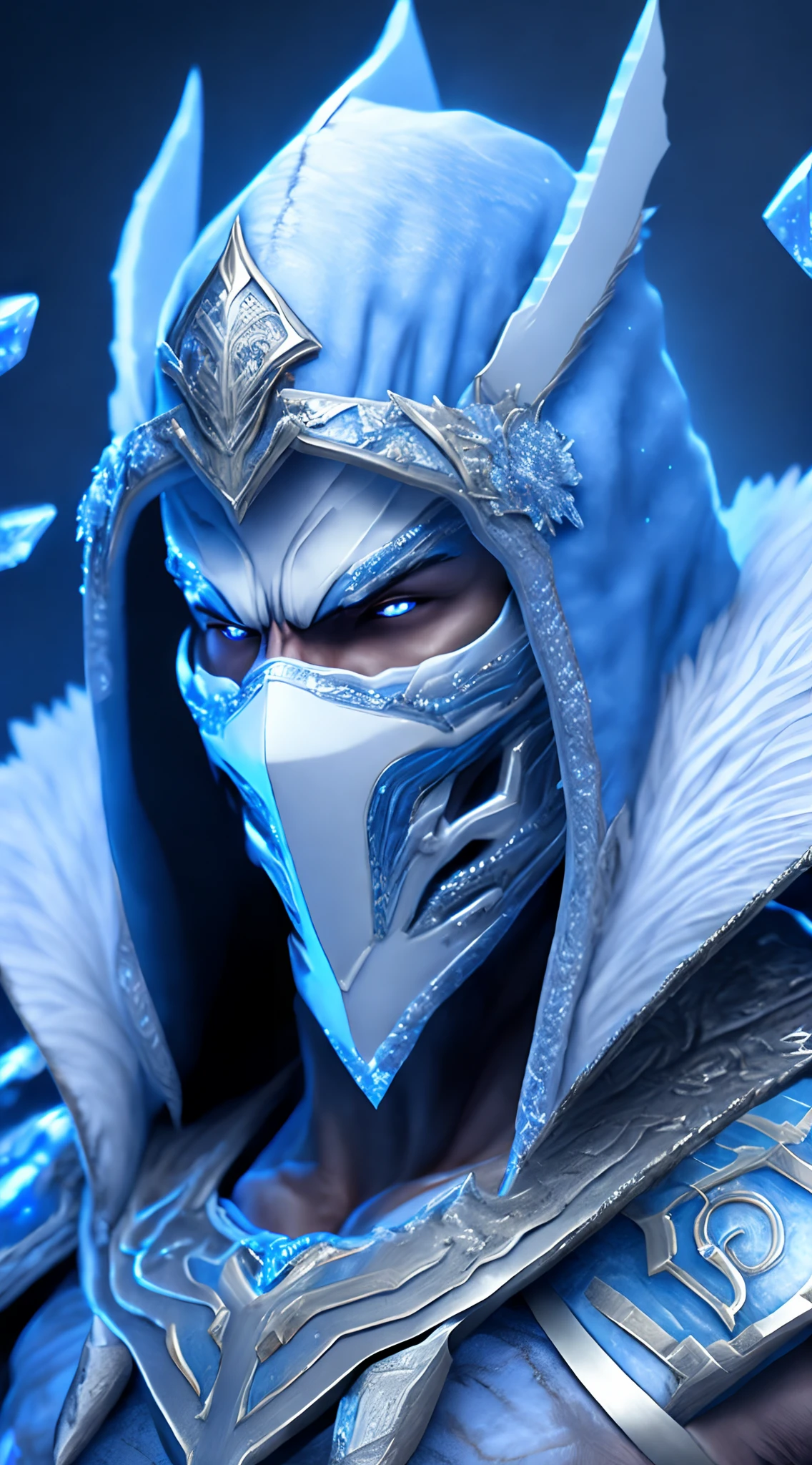 Subzero from mortal Kombat, white ice crystals armor,cold ice fantasy, mascular body,mask, extreme details, full body, ice background,