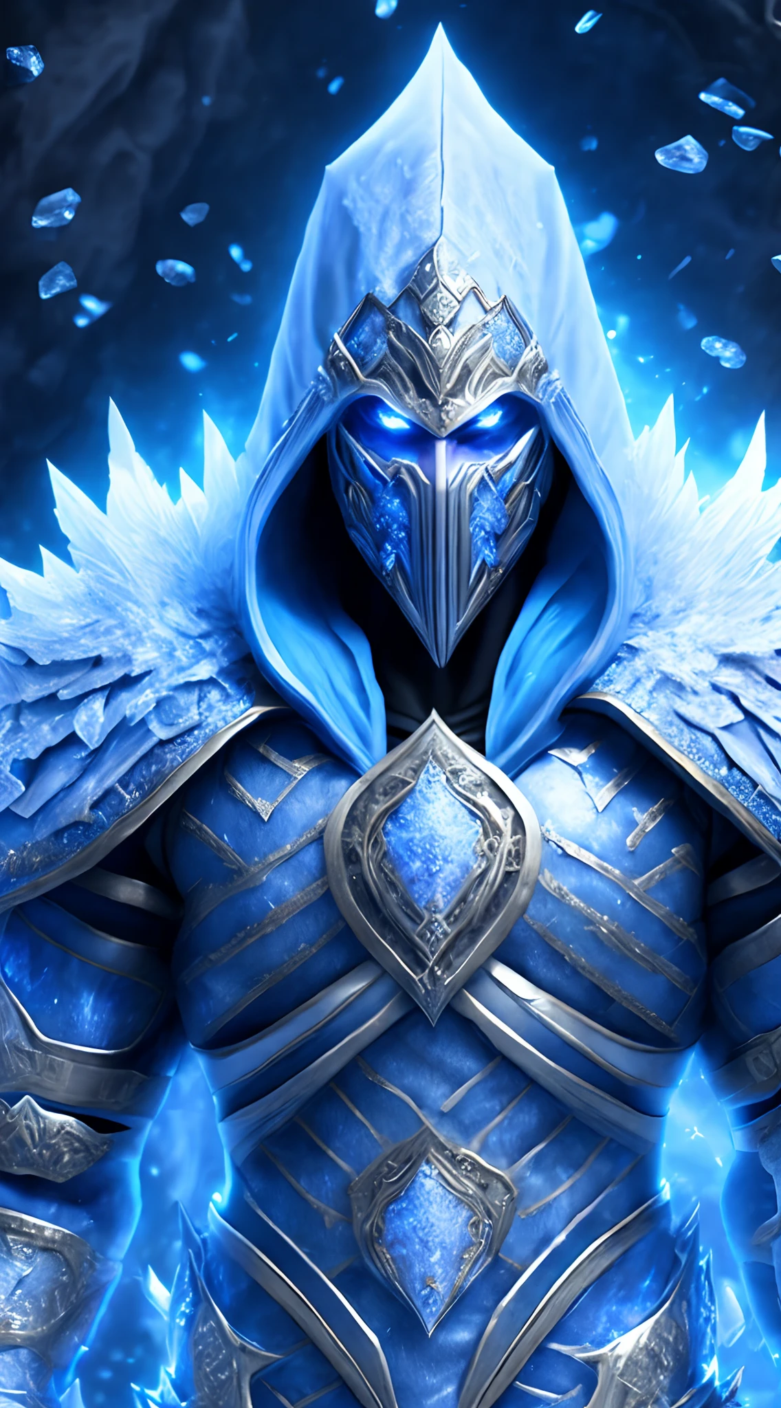 Subzero from mortal Kombat, white ice crystals armor,cold ice fantasy, mascular body,mask, extreme details, full body, ice background,