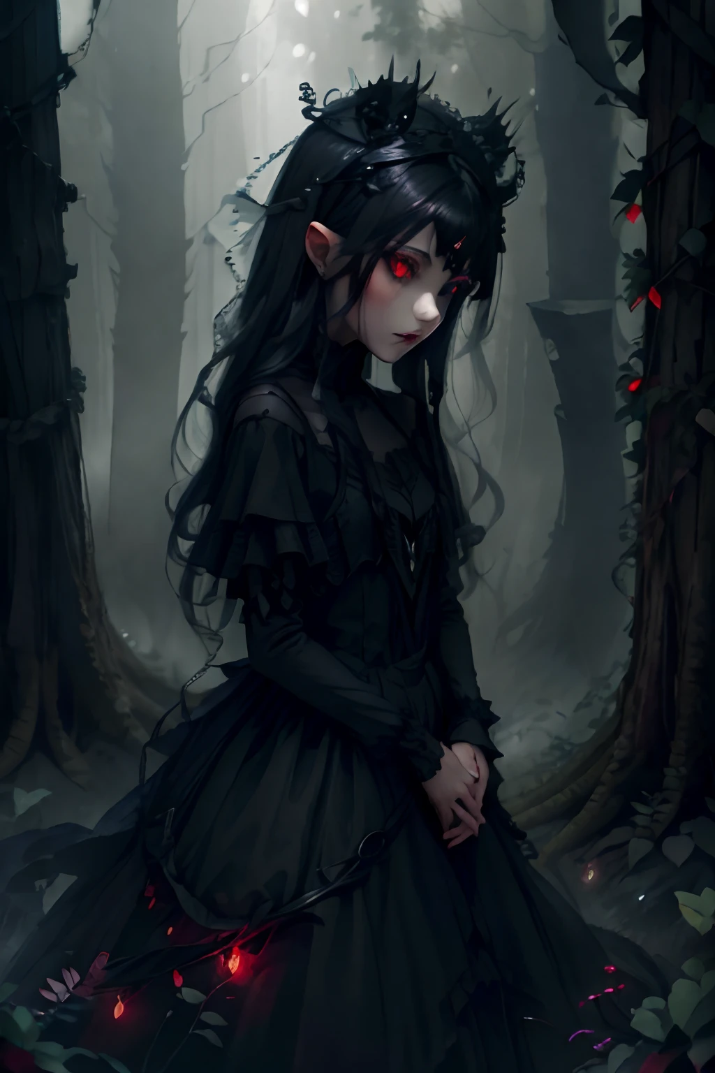 Dark esthetic, night twinkling sky, blood drops, long flowing black dress, elegant, vampire, black wings, black flower crown, horror, silver long hair, red eyes