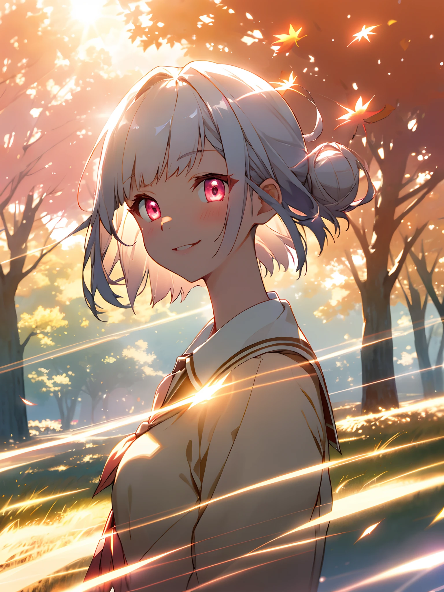 Faint lips、lighting like a movie、Petite 1 girl、Short hair with silver bob styled in a bun with hair clip, Pink eyes, small tits、seducting smile、School_uniform、portraitures、warm light sunset、Ray Light Glow Lens Flare(Ray Light Glow Lens Flare)(Ray Light Glow Lens Flare(Ray Light Glow Lens Flare))、deep-shadows、Depth of field unparalleled landscape sentimental、float (Detailed light) Autumn Leaves Tree、((the wind)) naturey(sunlights) a river(the woods)