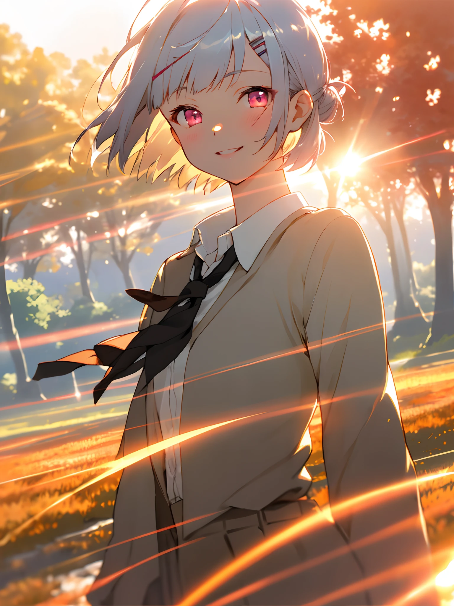 Faint lips、lighting like a movie、Petite 1 girl、Short hair with silver bob styled in a bun with hair clip, Pink eyes, small tits、seducting smile、School_uniform、portraitures、warm light sunset、Ray Light Glow Lens Flare(Ray Light Glow Lens Flare)(Ray Light Glow Lens Flare(Ray Light Glow Lens Flare))、deep-shadows、Depth of field unparalleled landscape sentimental、float (Detailed light) Autumn Leaves Tree、((the wind)) naturey(sunlights) a river(the woods)