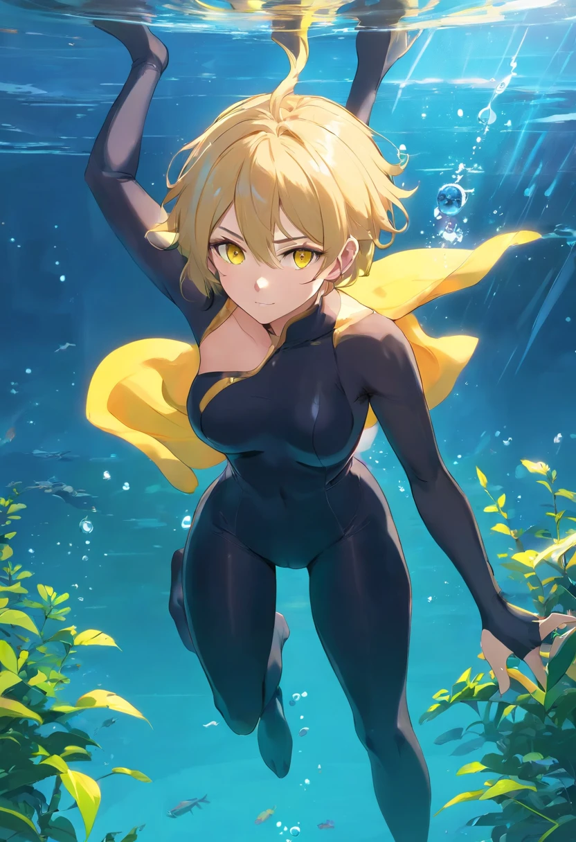 1 male human、a blond、Huge ass、Black catsuit、yellow  eyes、Large, thick thighs、short-haired、wide hips、pantyhose、musculature、under the water