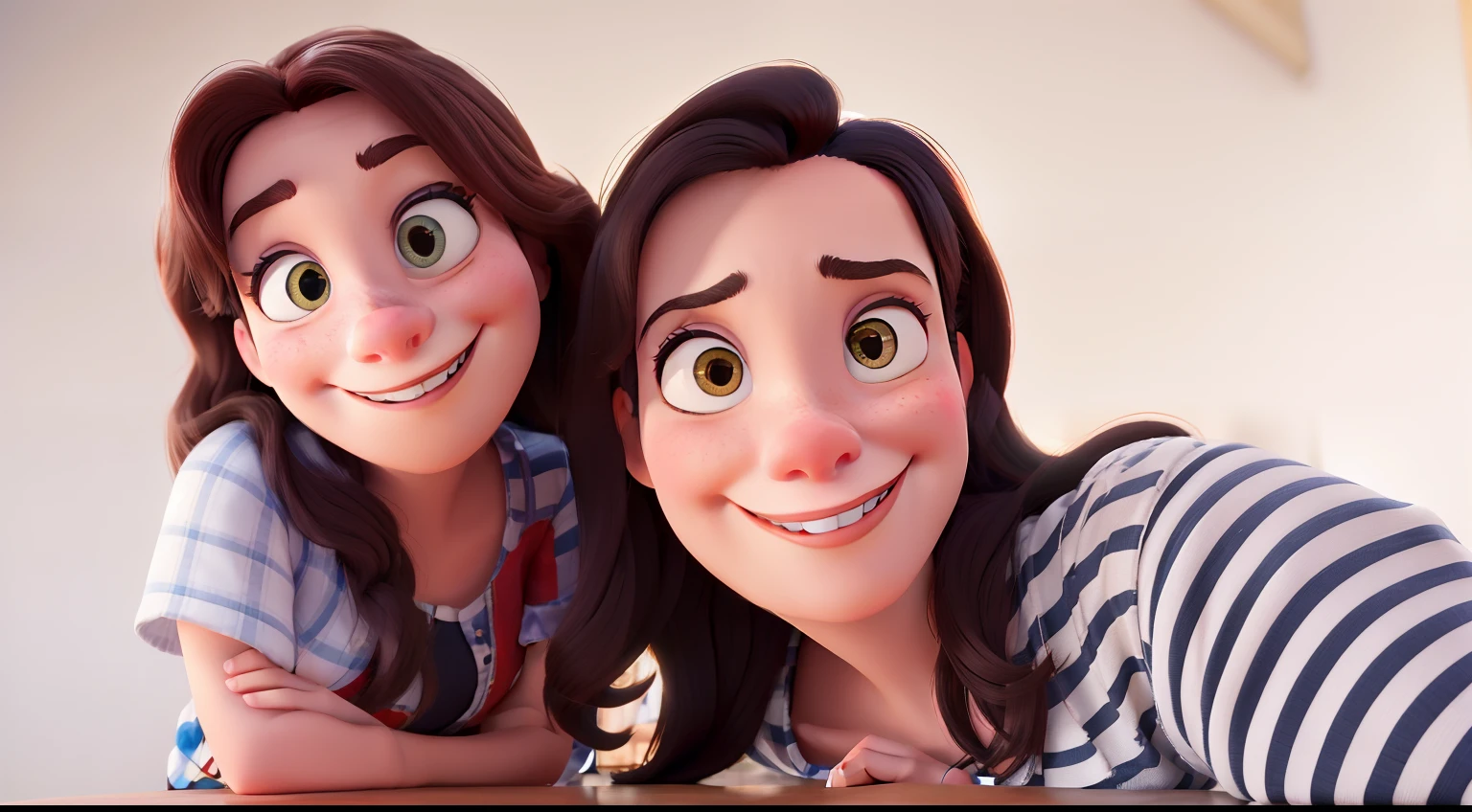 A Woman Smiling with a Serious Girl Disney Pixar Style, alta qualidade, melhor qualidade