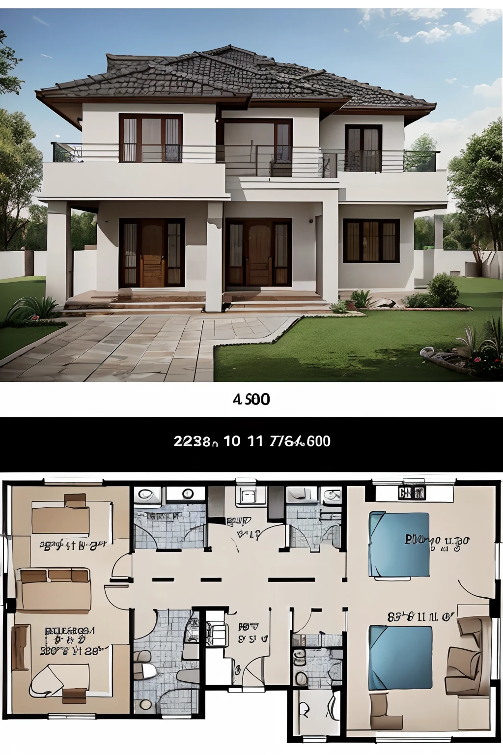 Drawing of a 2-storey house plan, The 1st floor includes 1 bedroom, 1 living room, 1 kitchen. 2nd floor goomg 2 bedrooms, 1 altar room, 1 drying yard