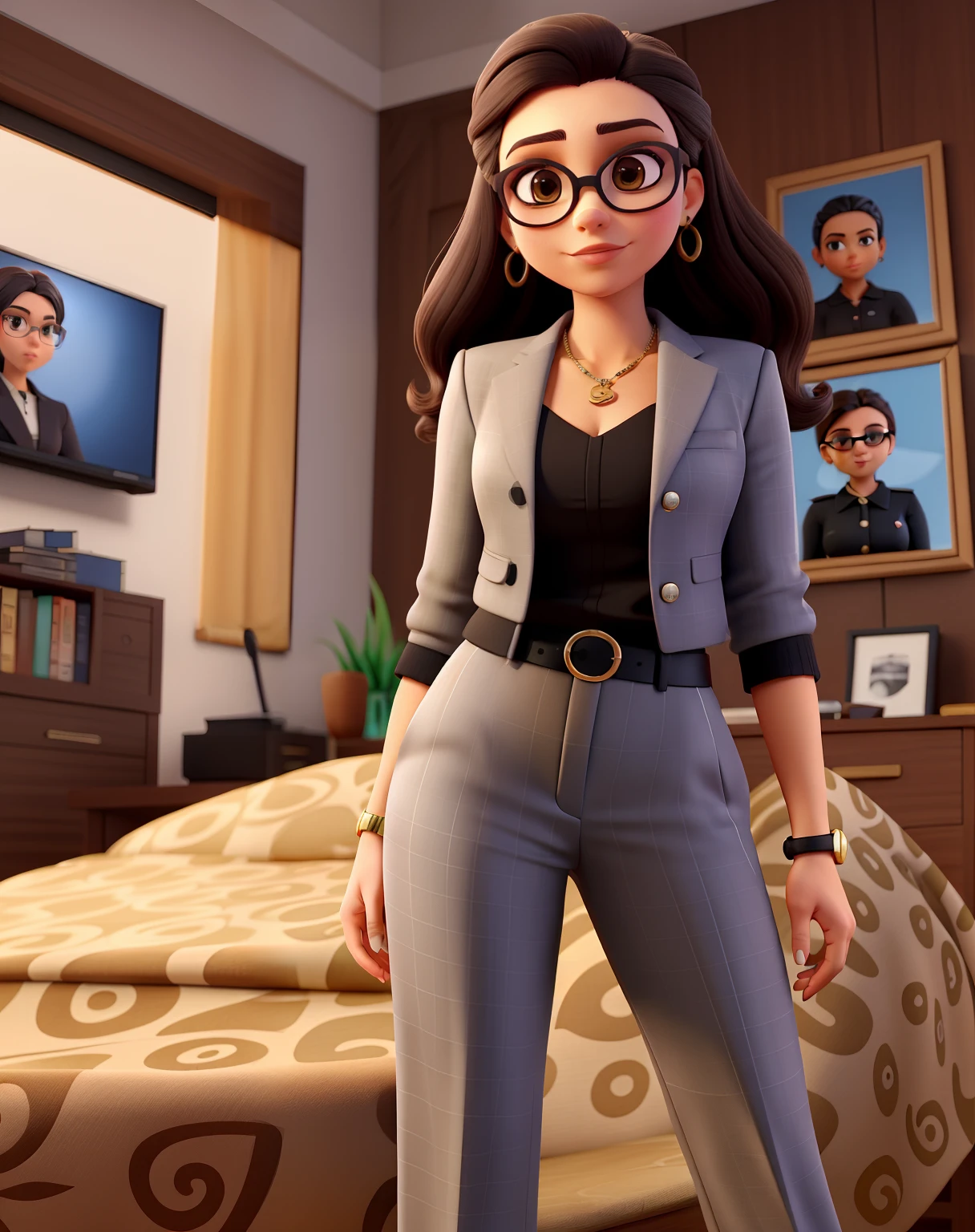 Uma mulher branca advogada, jovem, Serious, Chic and wise, com cabelo longo liso e preto , olhos esbugalhados e grandes na cor marrom, Mouth with big lips, quadril um pouco largo, with black dress pants, blusa preta e brazer branco, She's wearing sunglasses with a brown frame with a jaguar on it, salto alto preto, In a fancy law firm.