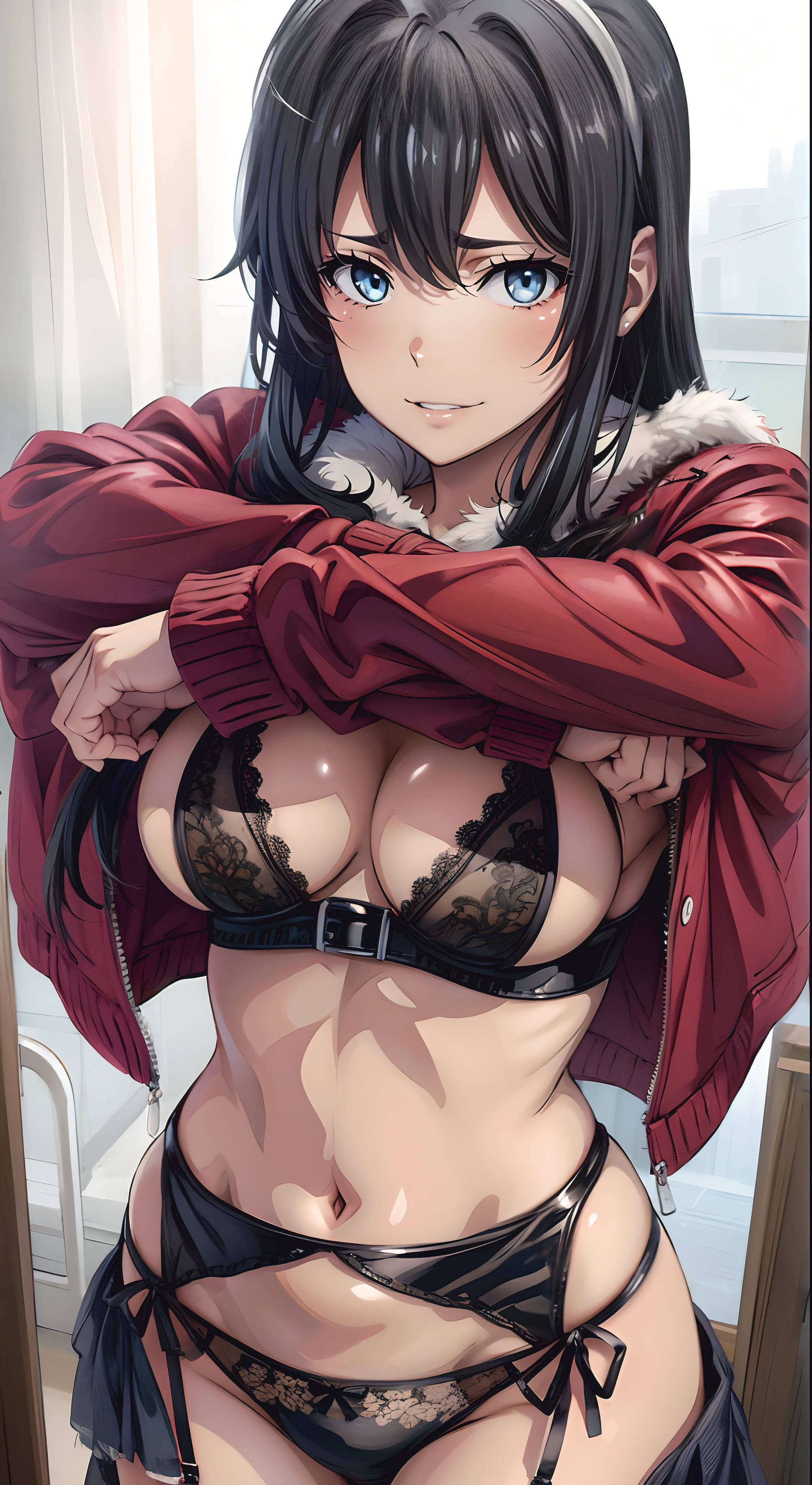 1girl,underwear, bra, 1girl, garter_belt, , jewelry, black_bra, panties, long_hair, earrings, black_hair, black_panties, navel, solo, hairband, red_eyes, looking_at_viewer, large_breasts, curtains, cleavage, thighhighs, lace, indoors, sidelocks, window, black_legwear, sweater, "glow effects, godrays, Hand drawn, render, 8k, octane render, cinema 4d, blender, dark, atmospheric 4k ultra detailed, cinematic, Sharp focus, big depth of field, Masterpiece, colors, 3d octane render, 4k, concept art, trending on artstation, hyperrealistic, Vivid colors, extremely detailed CG unity 8k wallpaper, trending on CGSociety, Intricate, High Detail, dramatic", anime coloring, anime screencap, sweating, steaming body, fog