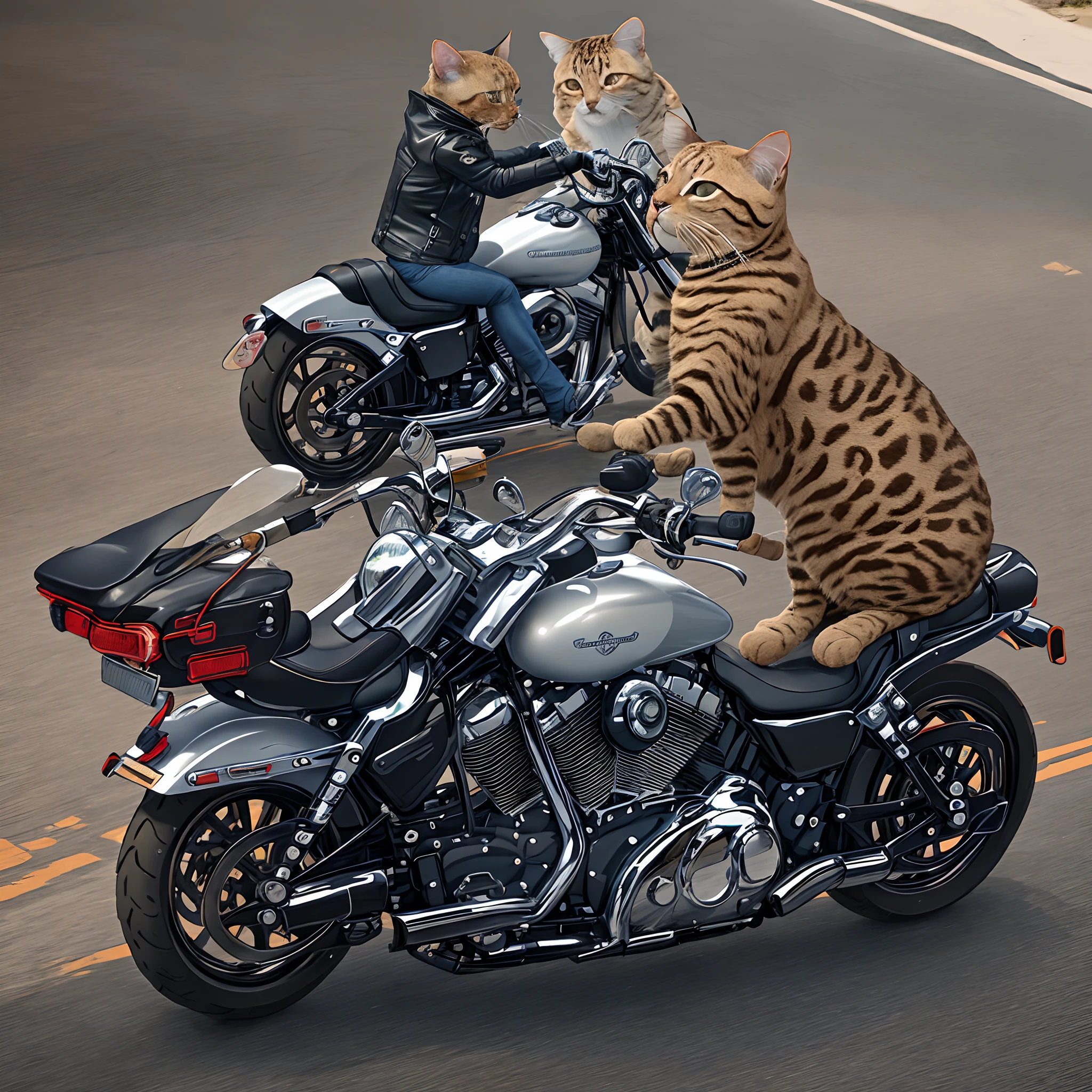 c4tt4stic, Montar uma Harley-Davidson、Gato dos desenhos animados Bengal na jaqueta e no skate(Body hair is camel-colored、Details of the Bengal Cat's appearance