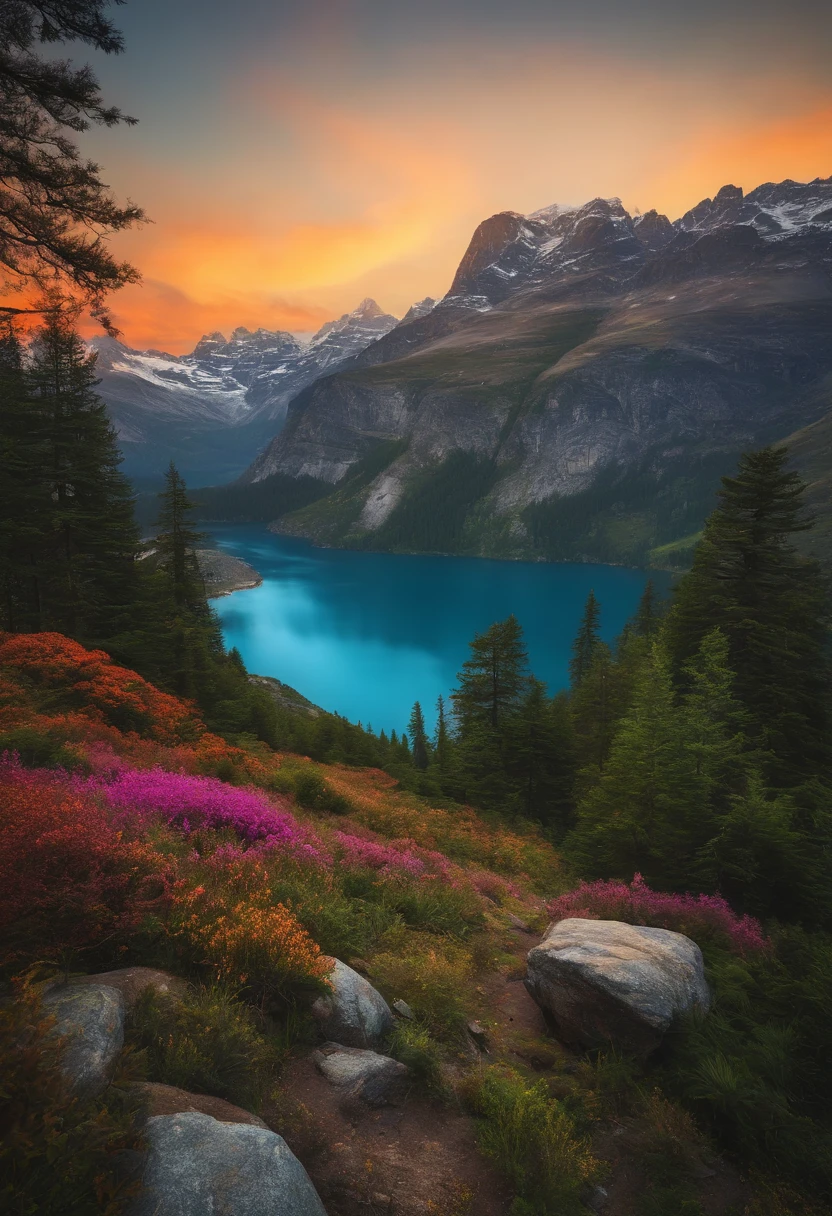 Obra-prima, de melhor qualidade, uma paisagem, com montanha ao fundo