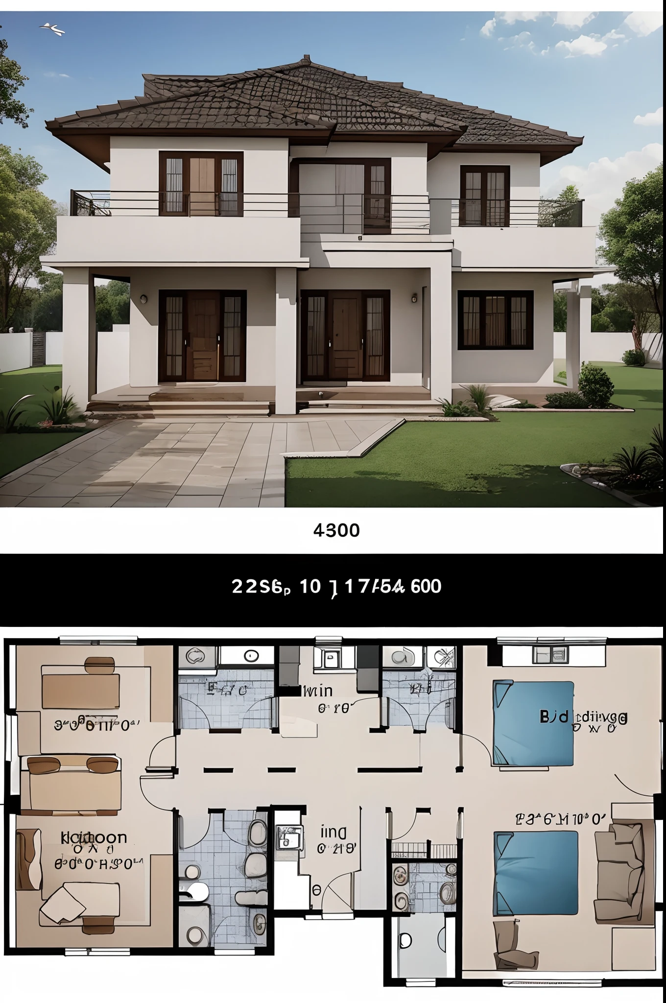 Drawing of a 2-storey house plan, The 1st floor includes 1 bedroom, 1 living room, 1 kitchen. 2nd floor goomg 2 bedrooms, 1 altar room, 1 drying yard