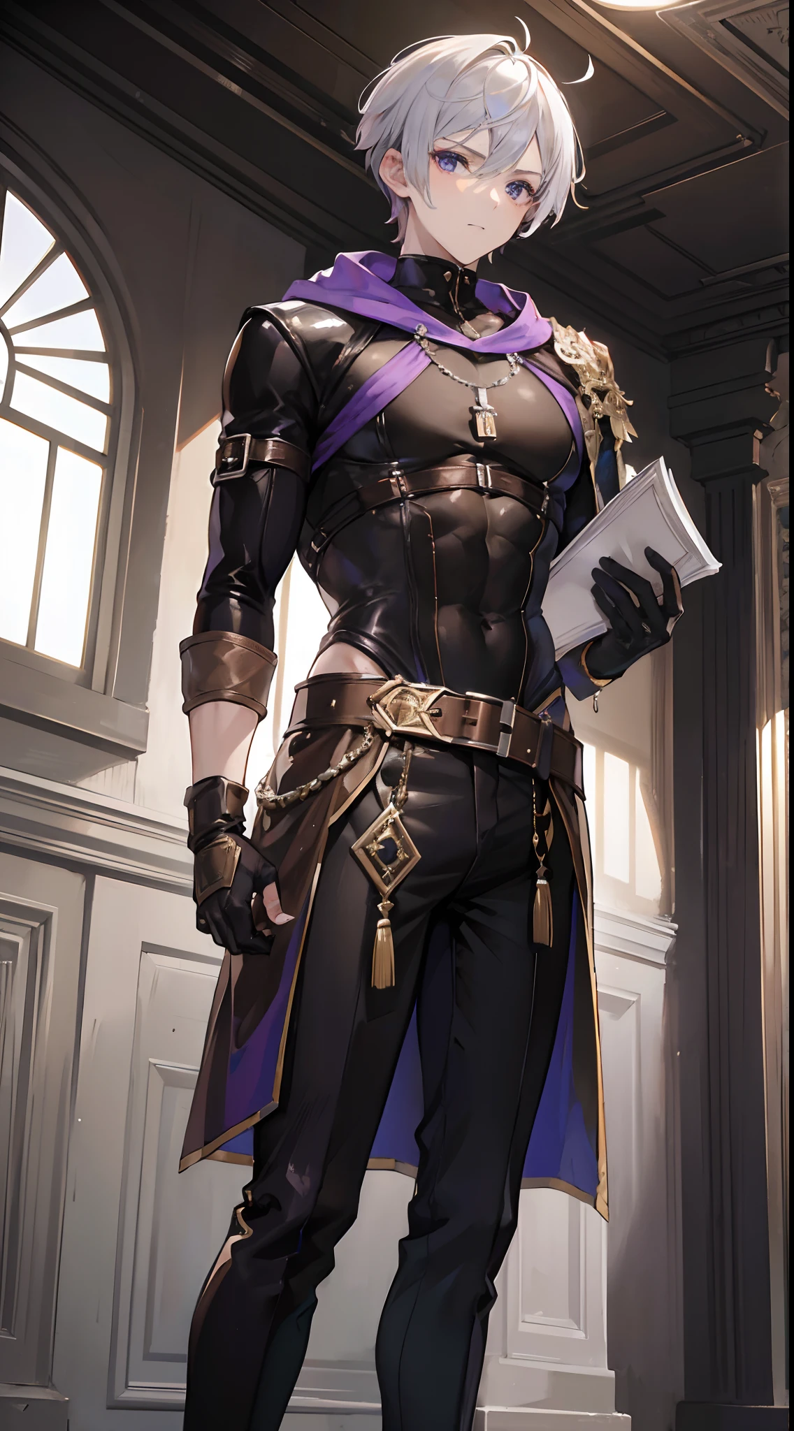 Crie uma oc de um bruxo,ele controla uma magia na cor roxa,he has a witch's hat full of purple details,ele usa um bodysuit nas cores de roxo,ele tem olhos amarelos,ele tem um corpo bonito e musculoso,pernas grossas, muscular arms,tem um rosto bonito e perfeito,ele tem 20 anos de idade,tem cabelo na cor castanho,dinamic pose, scenery inside a castle