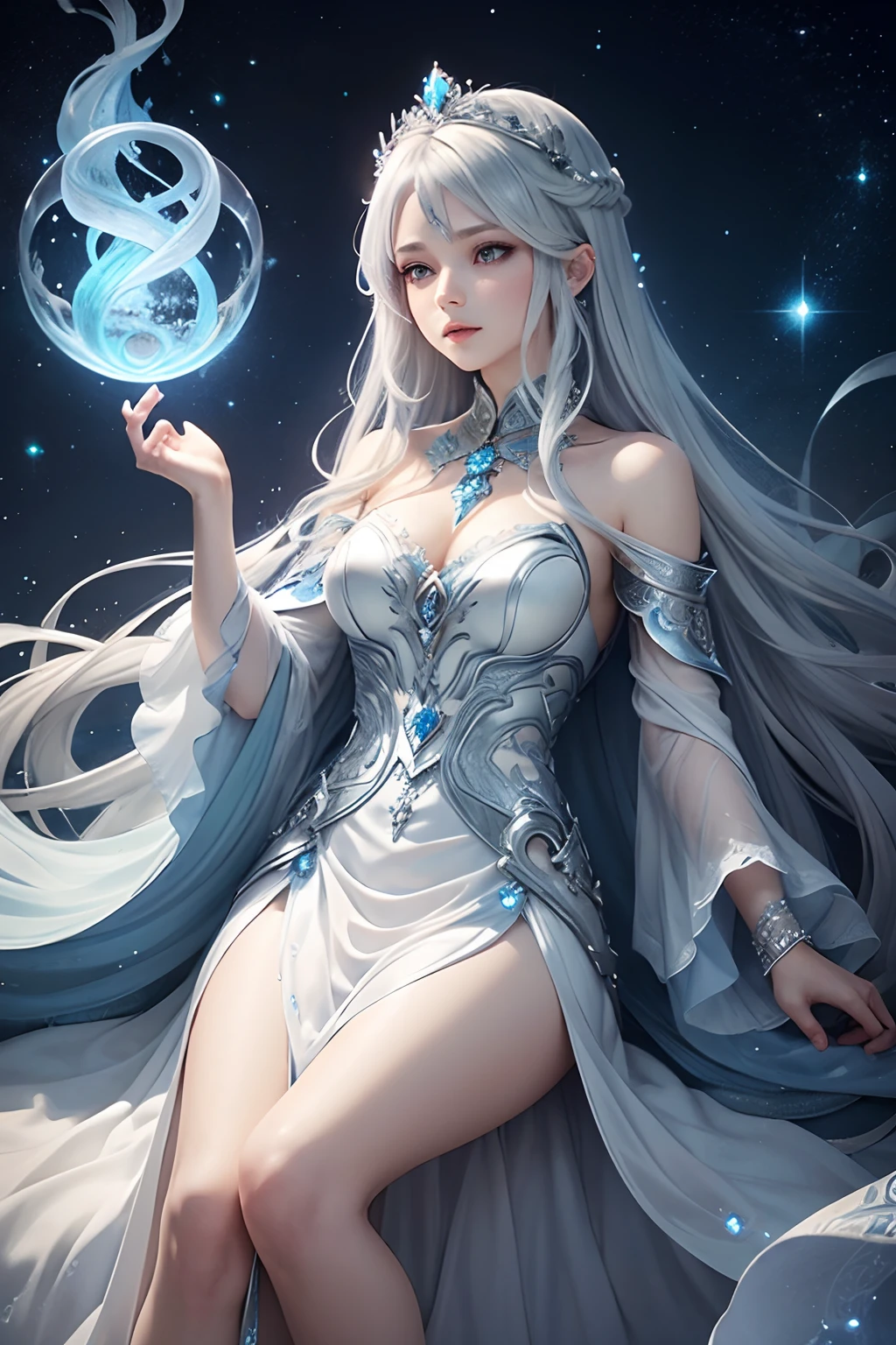 Female mage, silver hair, magical, long blue and white flowing dress, thin silver crown, romantic, twinkling sky, water elements, elegant,