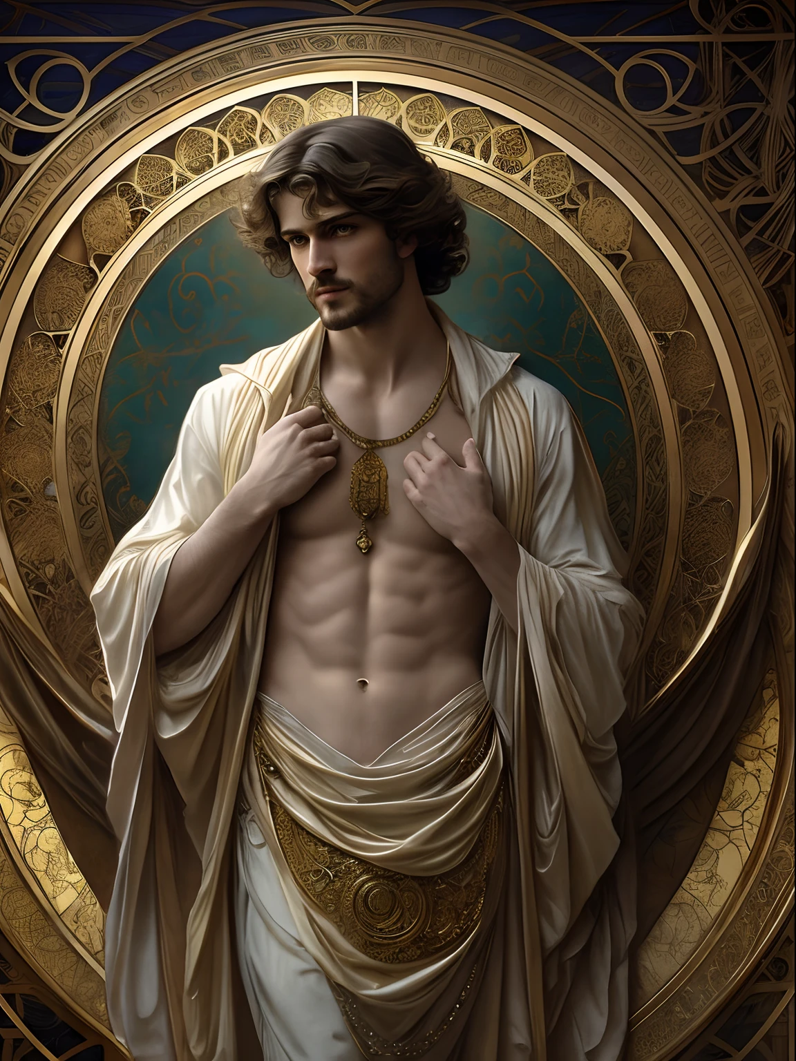 high quality, super realistic, Envision a hyper-realistic composition that seamlessly integrates the exquisite detail of John Singer Sargent with the dreamlike elegance of Alphonse Mucha, creating a insanely handsome man’s portrait where realism and Art Nouveau mystique converge, An extremely  masculine and handsome man is depicted against a backdrop of golden swirling patterns inspired by Mucha's iconic golden ornamental designs, The man is adorned in flowing garments that echo Mucha's romantic style, with intricate patterns intertwining seamlessly with the hyper-realistic details of his attire, by yukisakura, highly detailed,