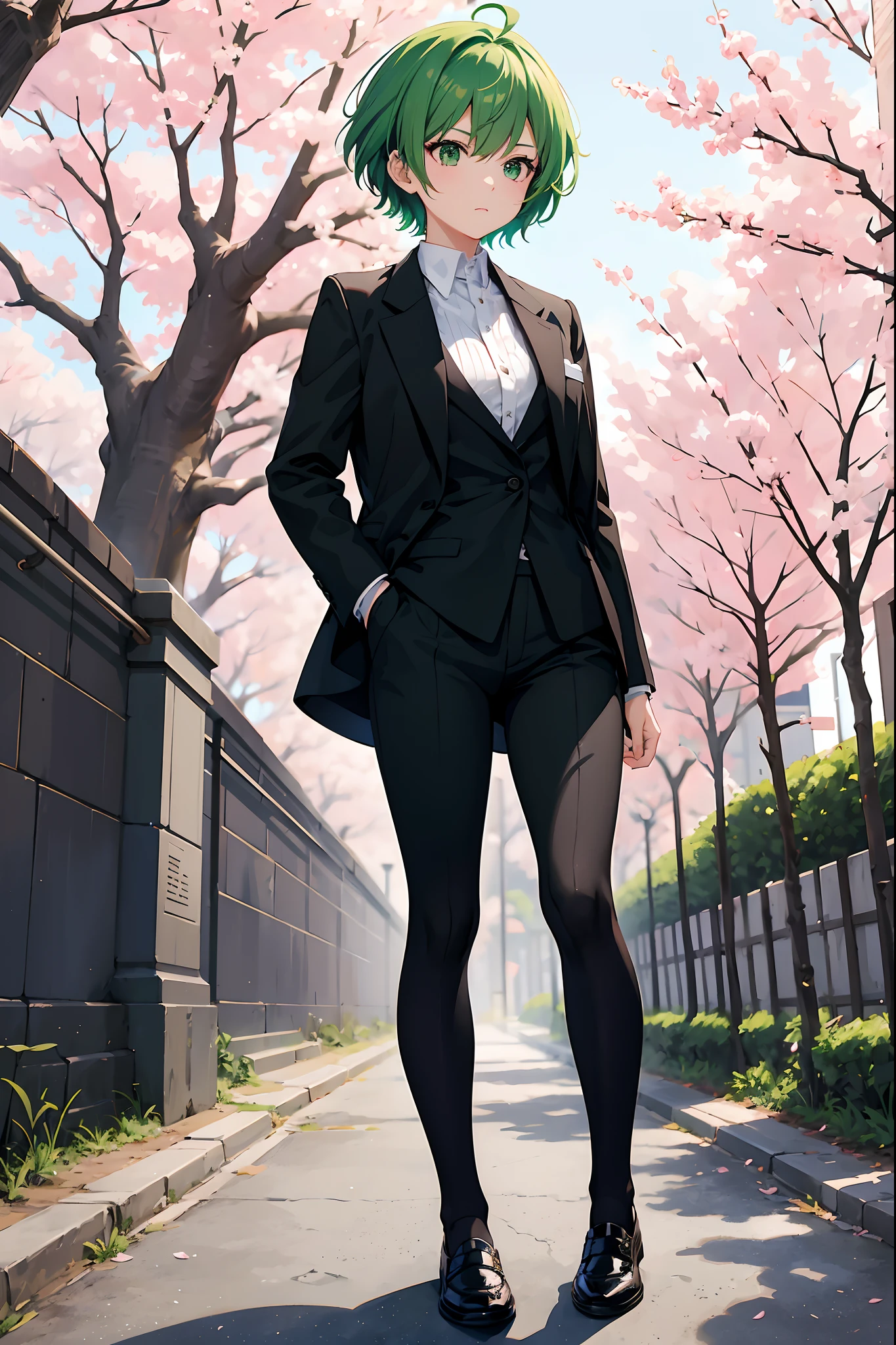 An anime girl with short green hair in a strict black suit runs along a path in a park where cherry blossoms are blooming