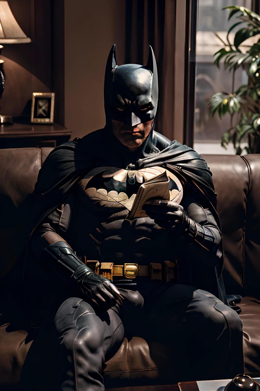 (8K, 16 K, of the highest quality, awardwinning, High quality, High resolution, Superfine Detail, Super Intricate Details, Anatomically correct, masutepiece: 1.3), Batman sitting on the couch drinking coffee and reading a book