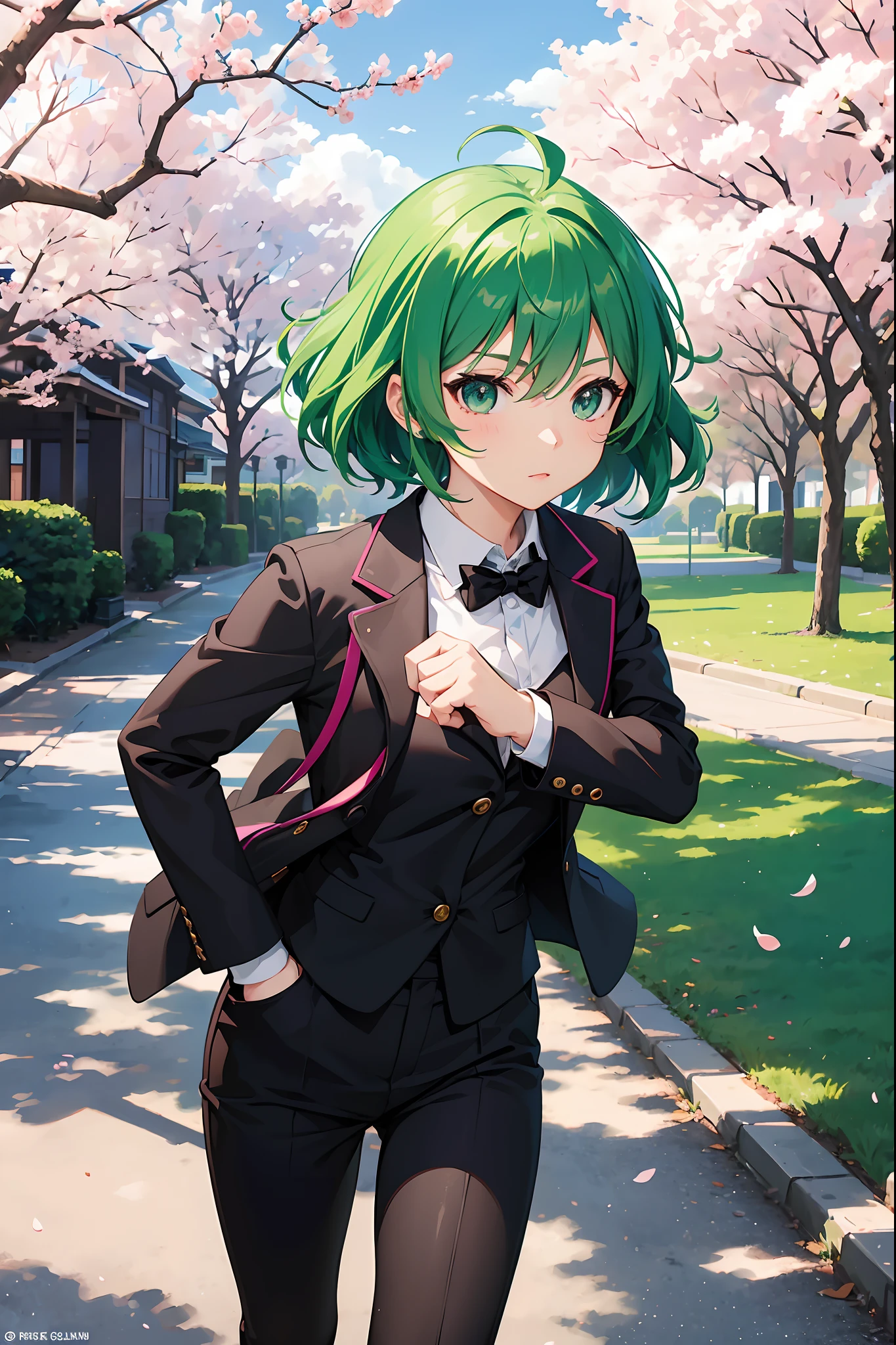 An anime girl with short green hair in a strict black suit runs along a path in a park where cherry blossoms are blooming