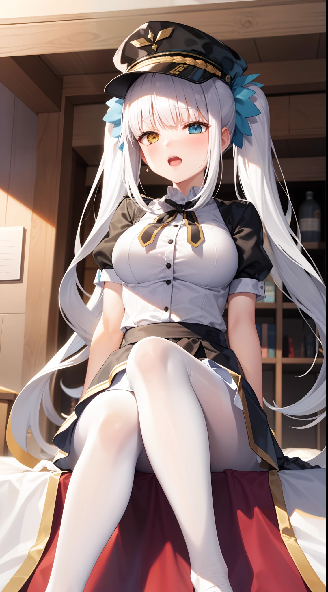 1girl,Kagura Mea ,white hair,heterochromia,half-closed eyes,(jitome1.5),a dress with short sleeves,shawl coat,military uniform,puff sleeves,boob bag,glove,white pantyhose,pigtails,sitting on bed,cross one's legs,2legs,legs focus,from below