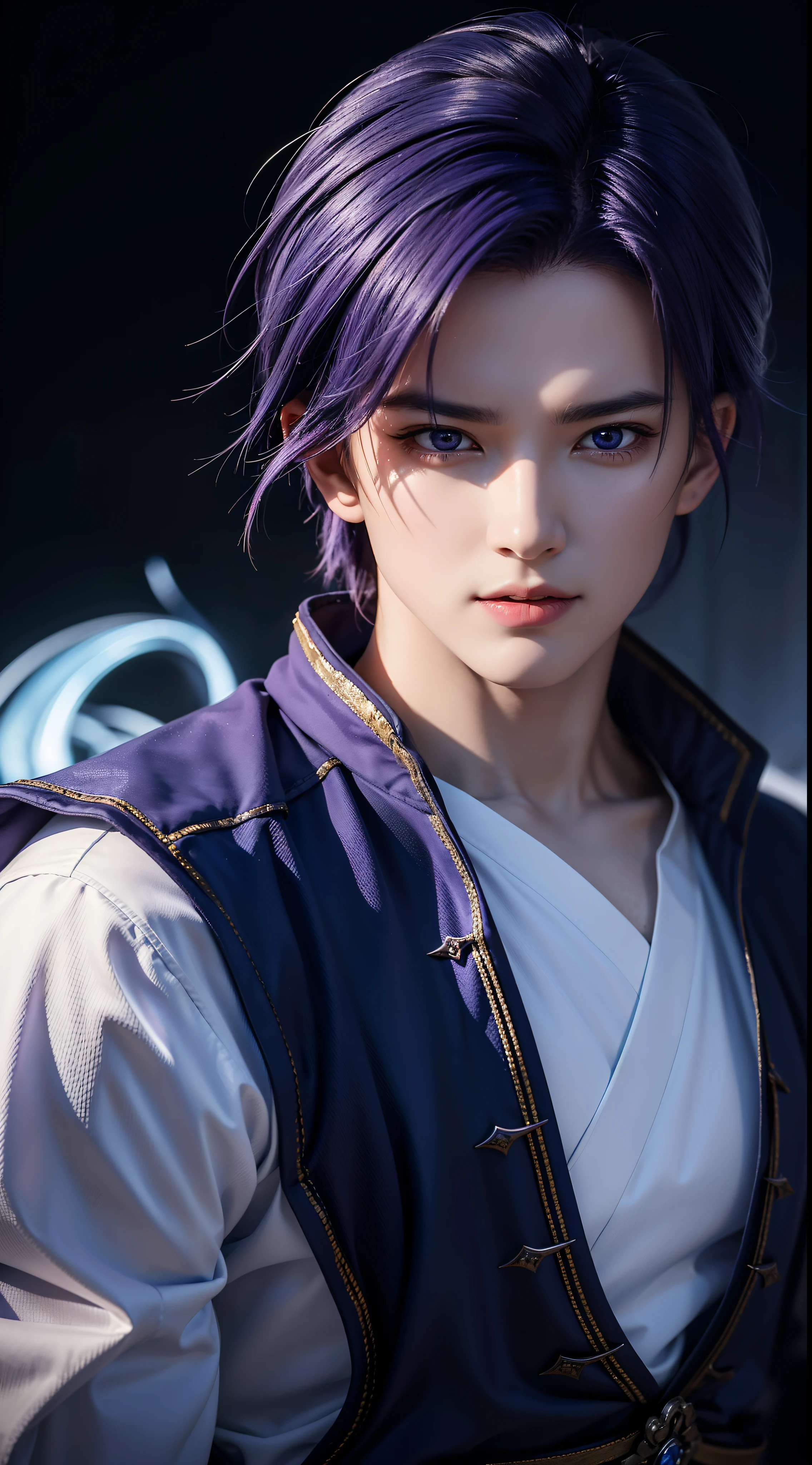 An 8k masterpiece, Highest resolution, Every detail, Meticulous details, Depth of field, bright colors, Nice layout: anime character Gohan impresses with his blue-purple hair and eyes that brightly illuminate every detail, standing on a dark and ominous background. This handsome demon slayer is the epitome of the bad guys in the fantasy art world.