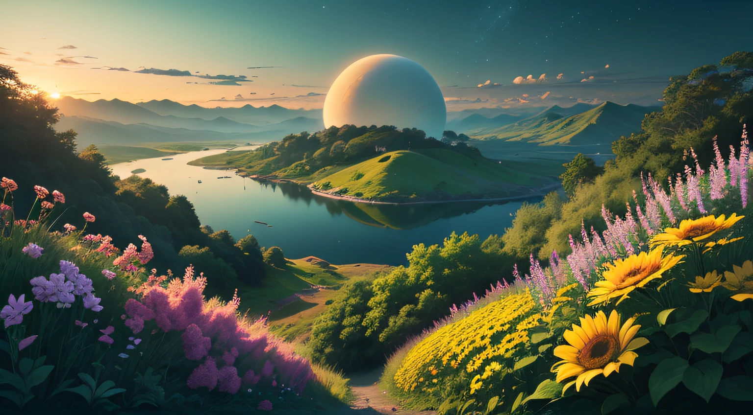 Uma imagem que representa um nascer do sol radiante sobre uma paisagem calma e serena, em alta qualidade, vento, flores, agua , texturas , grama verde, tons azulados claros, montanhas