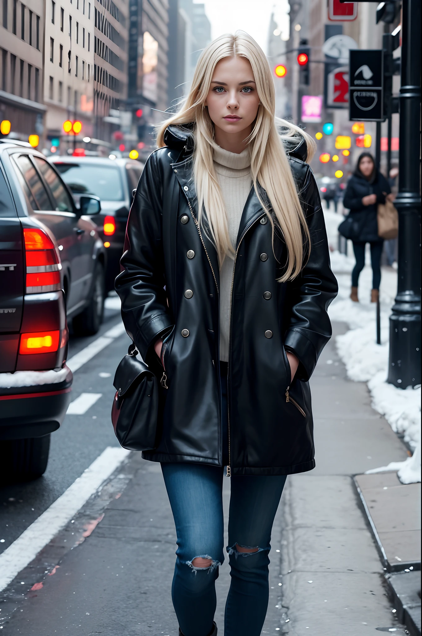 Emily Hart, 23 years old, blonde hair, long hair, walking through the streets of New York, winter, with a serious face, perfect skin.
