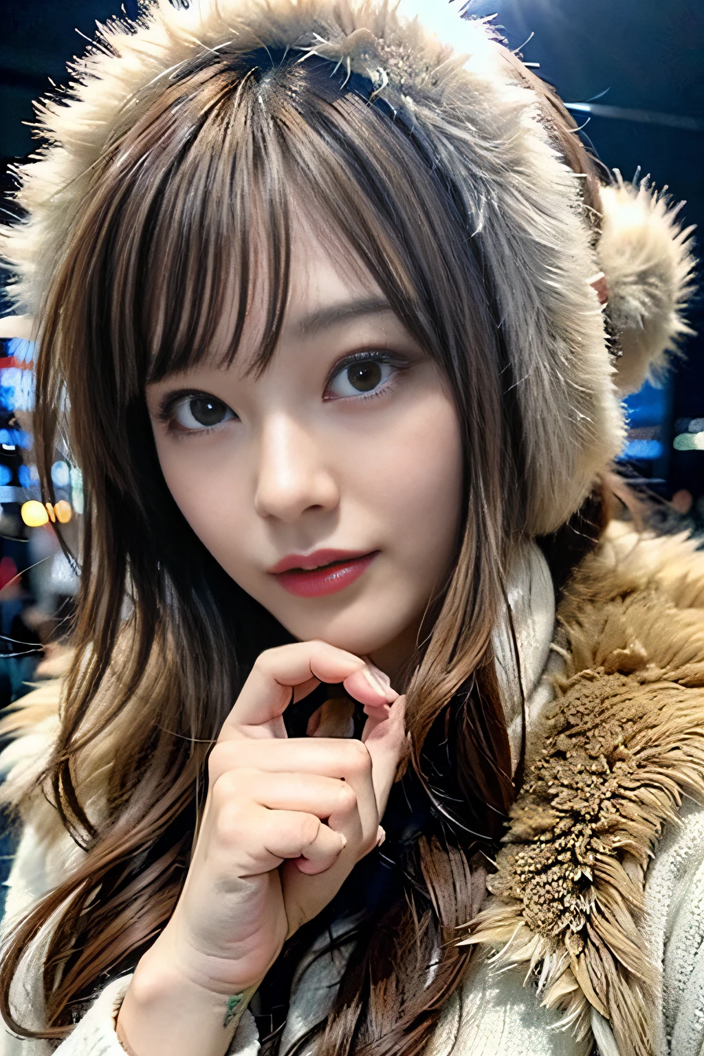 ​masterpiece、1 beautiful girl、A detailed eye、Puffy eyes、top-quality, 超A high resolution, (Realisticity: 1.4), cinematlic lighting、japanes、Asian Beauty、Korea person、Super beauty、Beautiful skin、A slender、The body is facing forward、(A hyper-realistic)、(hight resolution)、(8K)、(ighly detailed)、(beautifully detailed eyes)、(ultra-detailliert)、 (wall-paper)、A detailed face、Bright lighting、profetional lighting、looking at viewert、Facing straight ahead、Black knitwear、46-point diagonal bangs、nighttime scene、Brown hair、乃木坂アイドル、韓国アイドル、hposing Gravure Idol、女優、25-years old、tall,