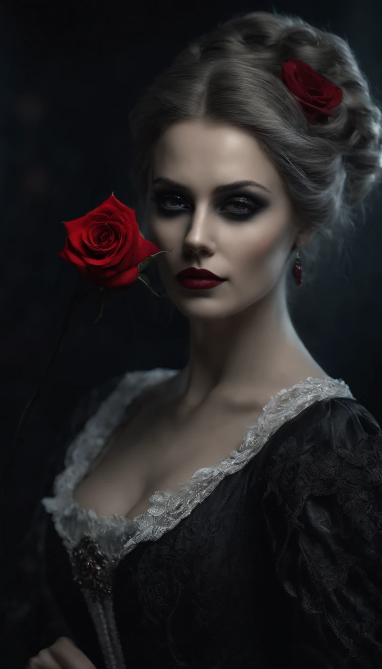 Master part, EXTREMELY HIGH QUALITY, HD 8k, 1 fille vampire, WITH A RED ROSE IN HER HAIR AND A SKULL IN HER HANDS, creepy atmosphere, Robe noire gothique, ouvrir bouche, Dents de vampire, yeux rouges ，(Award-winning masterpiece , beste-Qualit:1. 2) , Christian Zombie Vampire, face detailed , Yeux gris, cinematic , gloomy lighting, Aesthetics of horror, Highly detailed environment, 16k, UHD, Hdr, (Master part:1. 5), (beste-Qualit:1. 5)