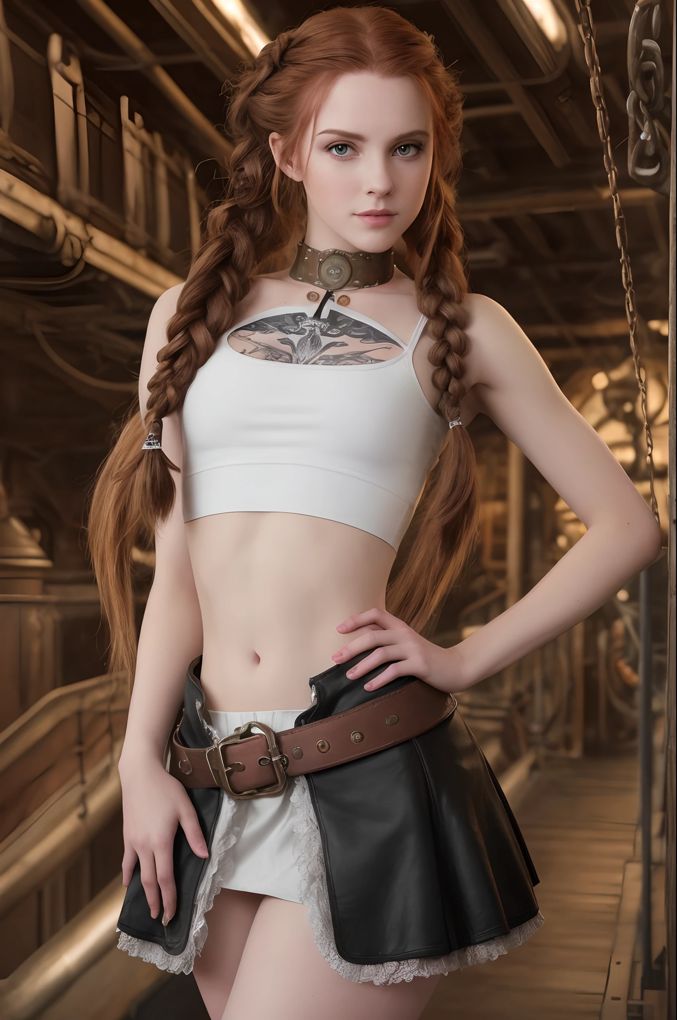 an steampunk girl on the pirate's airship, over big sreampunk town, leaning forward, she follows merchant ships with a predatory gaze, her team on background is waiting for orders to start boarding, (white crop top:1.2), cute sexy, small breast, black leather boots, short blue skirt, tattoo, hyper detailed, ultra sharp, long auburn hair in braids, 8k, (insanely detailed:1.5), full body photography, 20 megapixel, canon eos r3, naturally pale skin