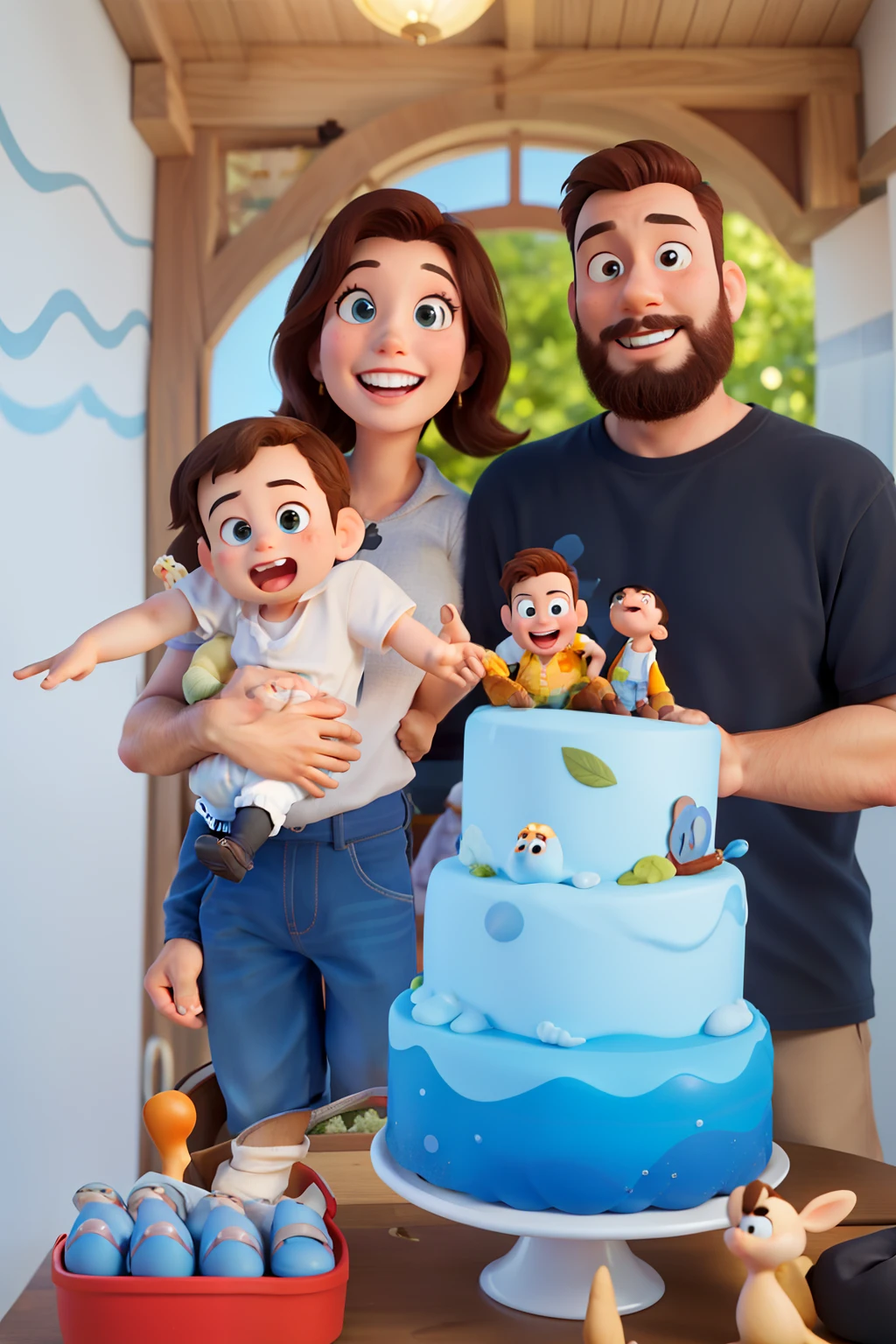 A Family with Father, Mother and Baby Boy Disney Pixar Style, alta qualidade, melhor qualidade