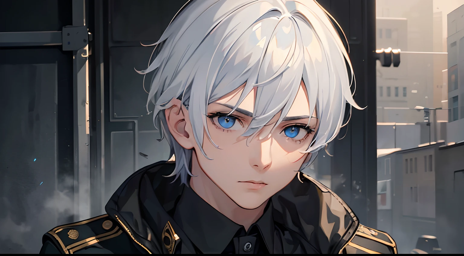 masterpiece, best quality, 1boy, black hair, white hair, blue eyes, mature, military camo, battlefield, hiding in cover, detailed eyes, detailed facial features, realistic and high resolution (best quality, 4k, 8k, highres, masterpiece:1.2)