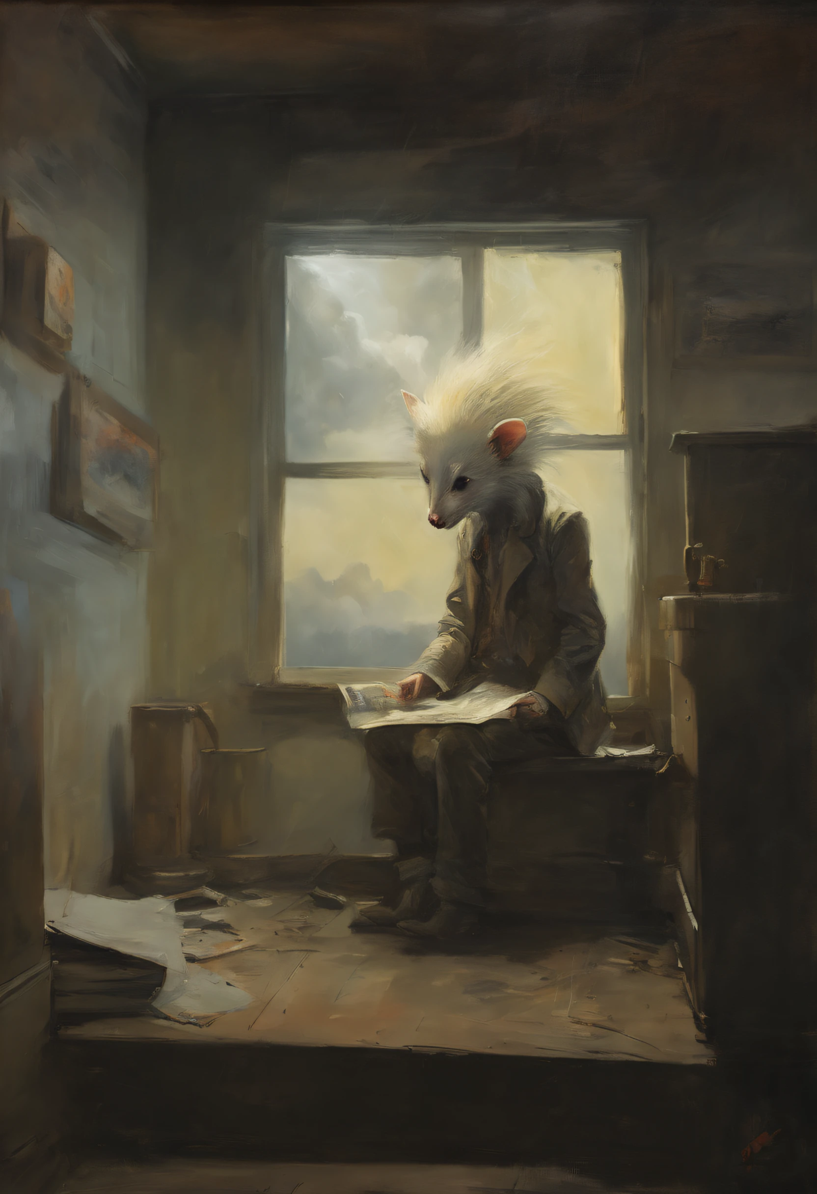 background - rough canvas, relief, oil painting, thin smooth lines, long strokes, light delicate shades, clear contours. + cinema quality 36.5 mm f0, + style: Jeremy Mann, Peter Elson, Alex Maleev, Ryohei Hase, Raphael Sanzio, Pino Daeni, Charlie Bowater, Albert Joseph Penaud, Ray Caesar, HR Giger, Gustave Dore, Stephen Gammell, a masterpiece , Golden Opossum, Possum sits on the toilet and reads the newspaper, artistic portrait, multi-layered sheets, techniques used: sfumato, chiaroscuro, atmospheric perspective, acrylic painting, pixiv fanbox trends, brush and palette knife strokes, makoto shinkai style Jamie Wyeth James Gillard Edward Hopper Greg Rutkowski Ghibli genshin Impact studio, painting