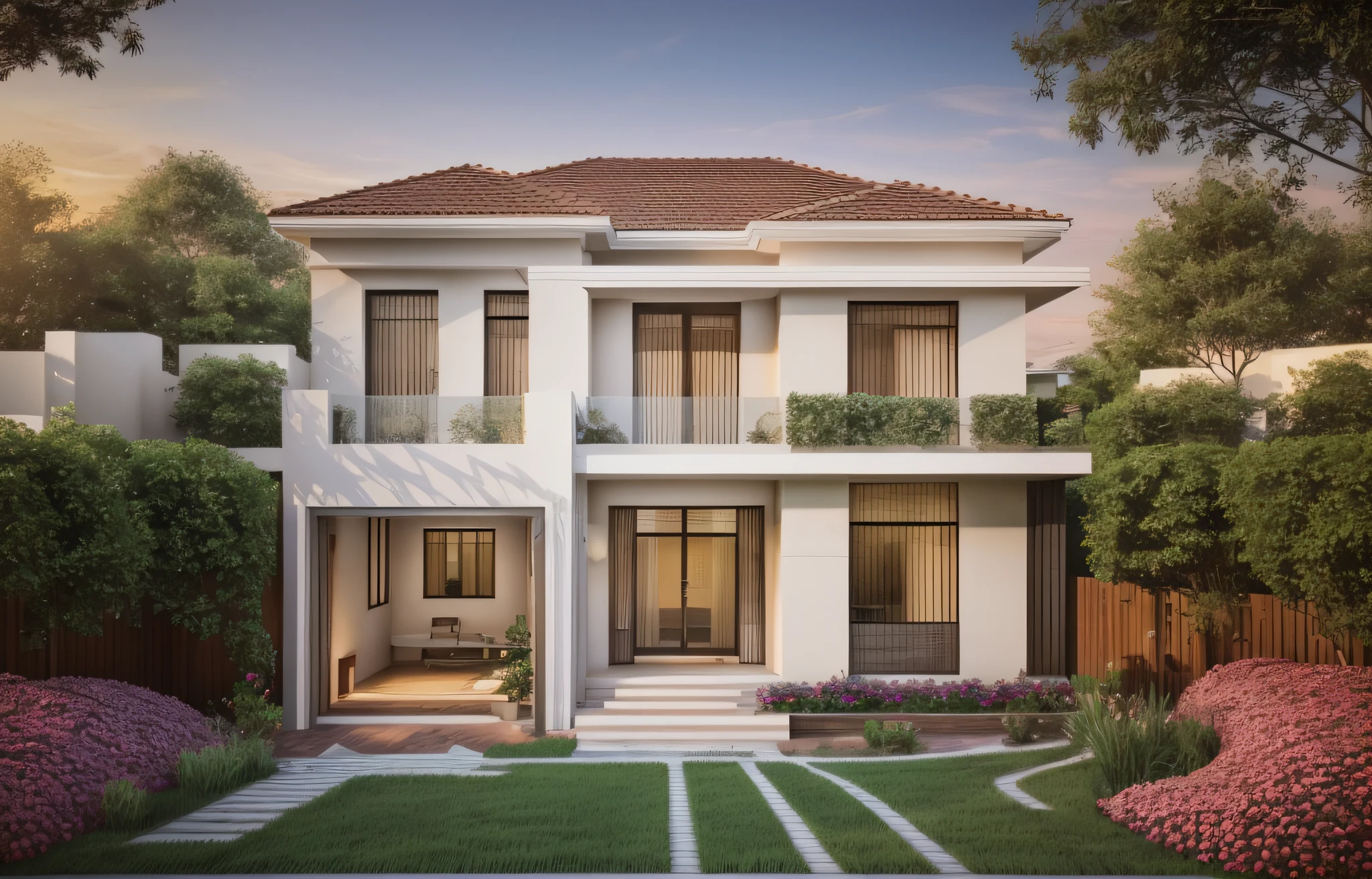 Realistic images, extremely detailed, a modern house, 1 road in font of house, large yard made by ceramic, (1 car), brick fence, lawn, a few small flowers, a road in front of the house, main materials of the house are white walls and red brick, Modern design, clear blue sky, sunrise light, light from inside, dynamic light,shimering light, cinematic light, romantic feeling, (((day light, warm light)))