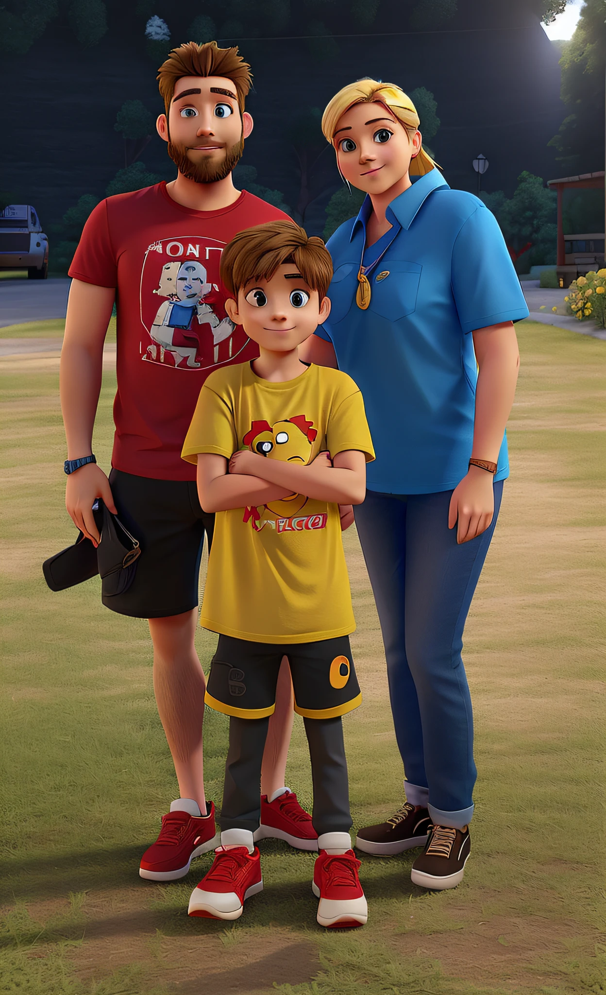 On the left side a man in a red t-shirt with a short beard and on the right side a blonde woman is the mother of the boy in a yellow t-shirt in a blue t-shirt with her small son in a yellow t-shirt smiling