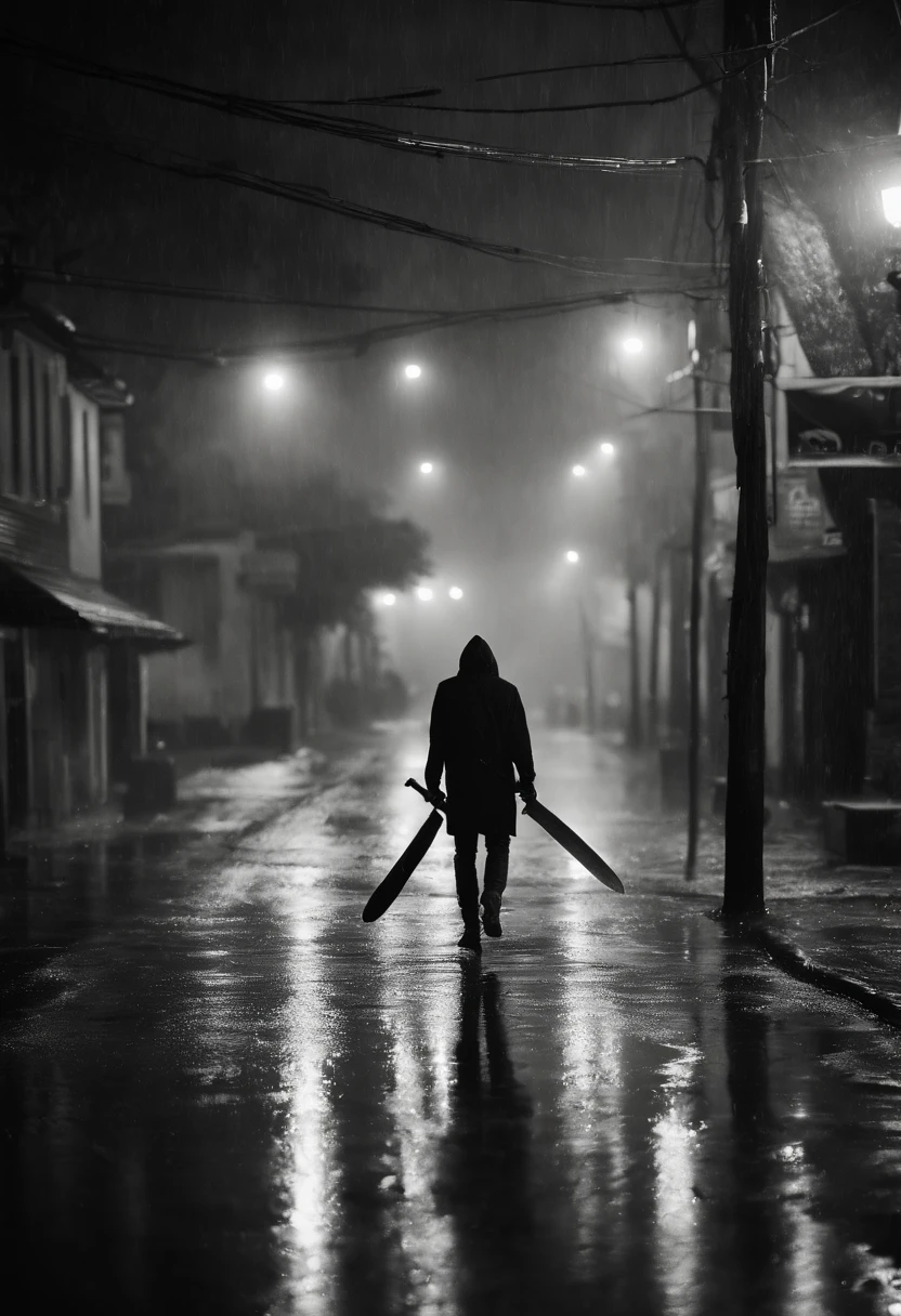 A masked man walking with a machete on the street at night in the middle of the night on an intense rainy night photo behind the man ultra detailed photo Realistic raindrops detailed street with poles almost erasing Half dark street with nearby houses