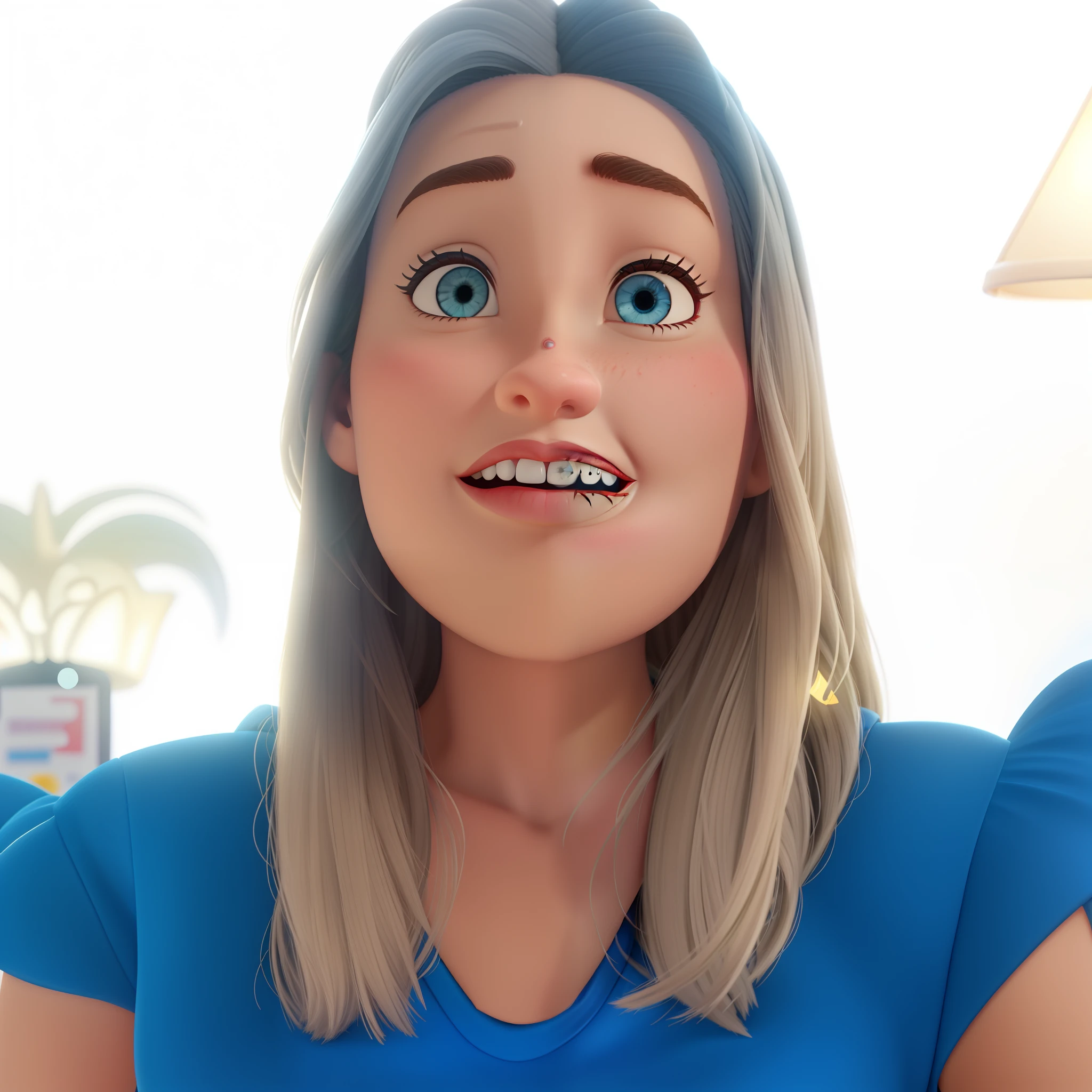 Uma mulher de olhos castanhos parado na frente, illuminated by the light of a lamp, contra o pano de fundo de uma biblioteca estilo disney pixar alta qualidade