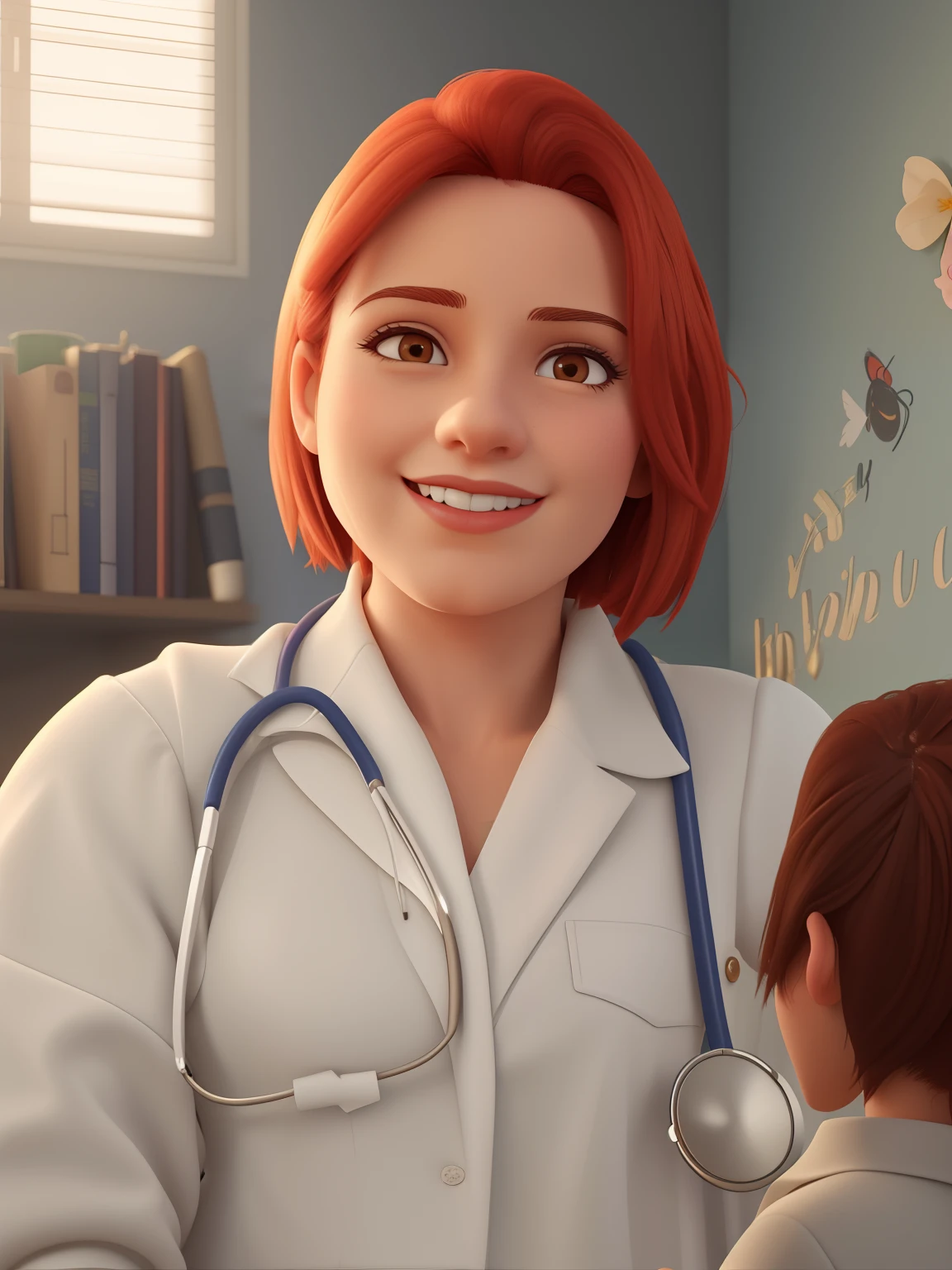 A doctor in her mid-1930s with short red hair and brown eyes, youthful appearance, vestindo um jaleco branco. foto retrato. 3d cartoon with accurate proportions poster Disney Pixar style