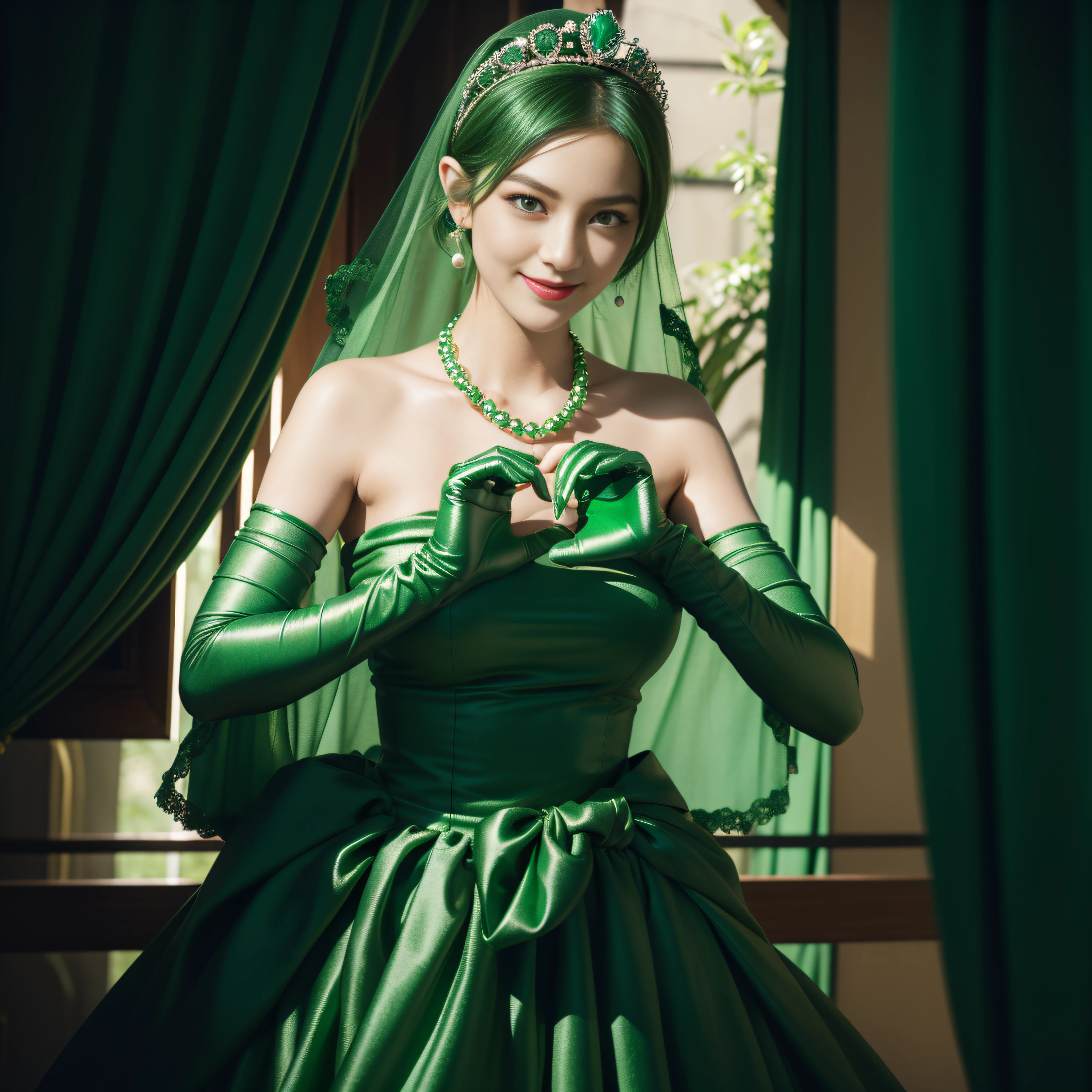 emerald tiara, Green Pearl Necklace, Boyish very short green hair, lipsticks, Japan woman smiling, very short short hair, big breasts beautiful, Green eyes, Long green gloves made of satin material, Green eyes, Emerald Earrings, green vale, Heart with both hands