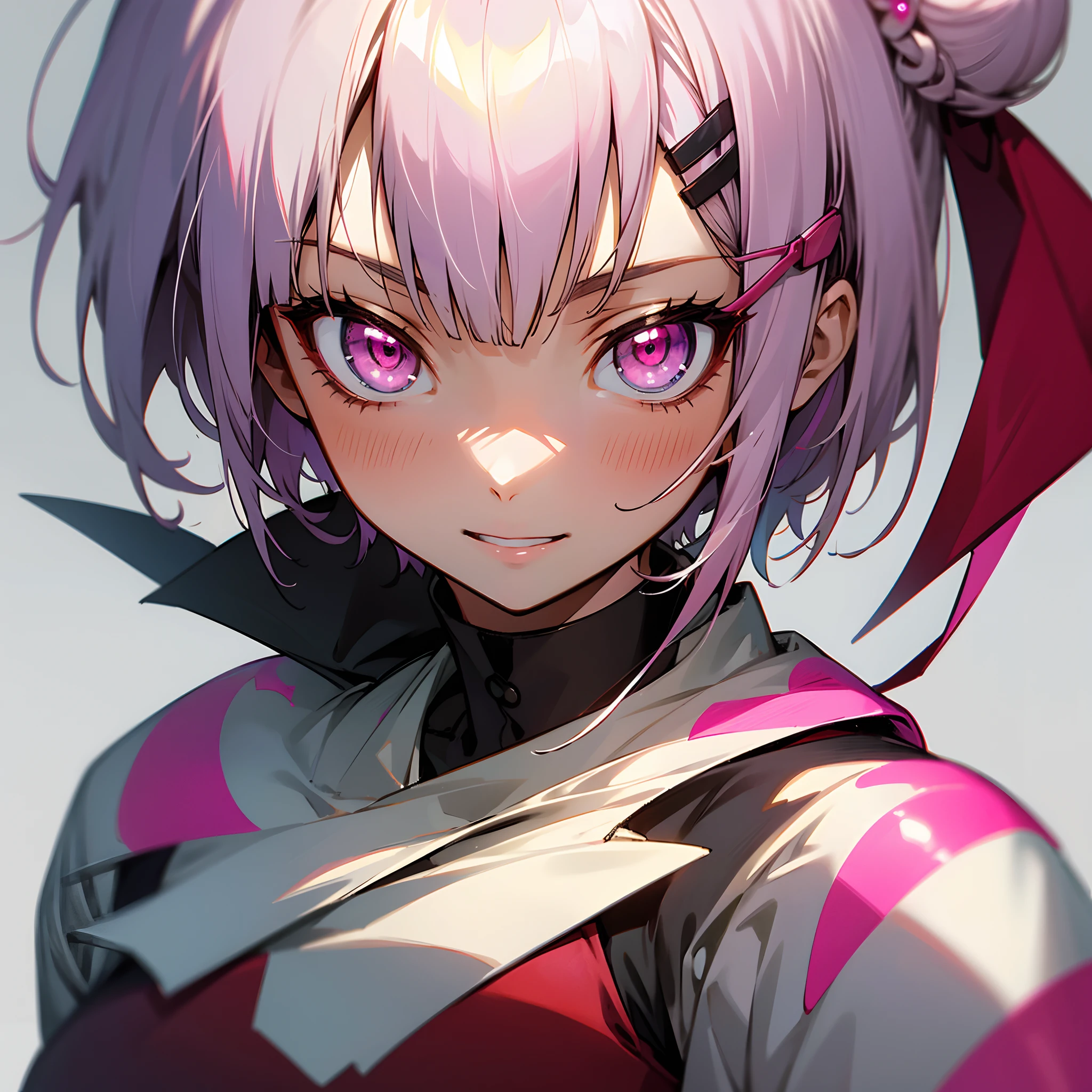 masutepiece, Best Quality, {Best Quality}, {{masutepiece}}, {hight resolution}, Focus, Anime style, Close-up of a female cartoon, Girl Design, Portrait, Gisha, anime image, Short hair with silver bob styled in a bun with hair clip, Pink eyes, Sleek and powerful look, Exotic, Happy, Cheerful, Grunge costumes, Multicolored colors