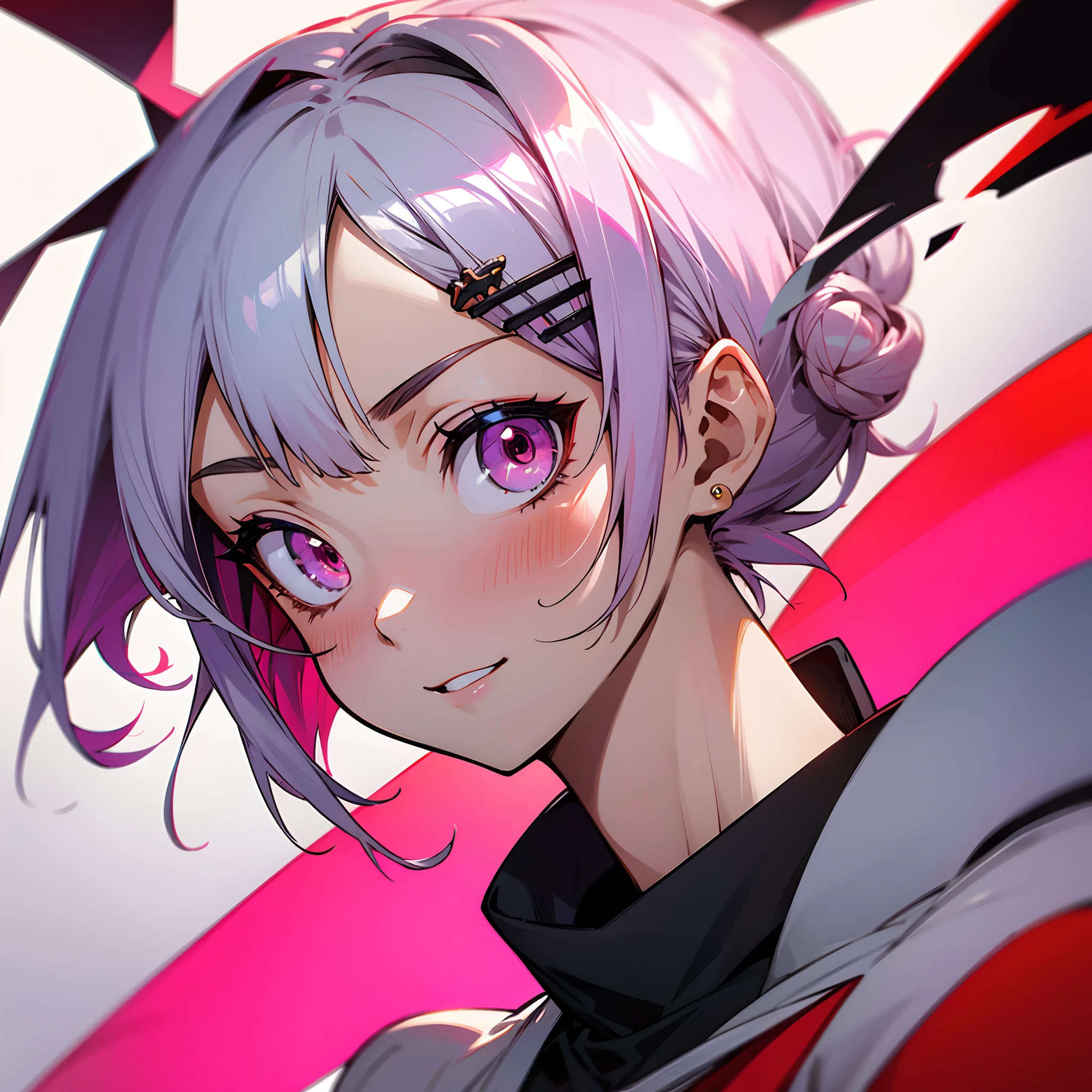 masutepiece, Best Quality, {Best Quality}, {{masutepiece}}, {hight resolution}, Focus, Anime style, Close-up of a female cartoon, Girl Design, Portrait, Gisha, anime image, Short hair with silver bob styled in a bun with hair clip, Pink eyes, Sleek and powerful look, Exotic, Happy, Cheerful, Grunge costumes, Multicolored colors