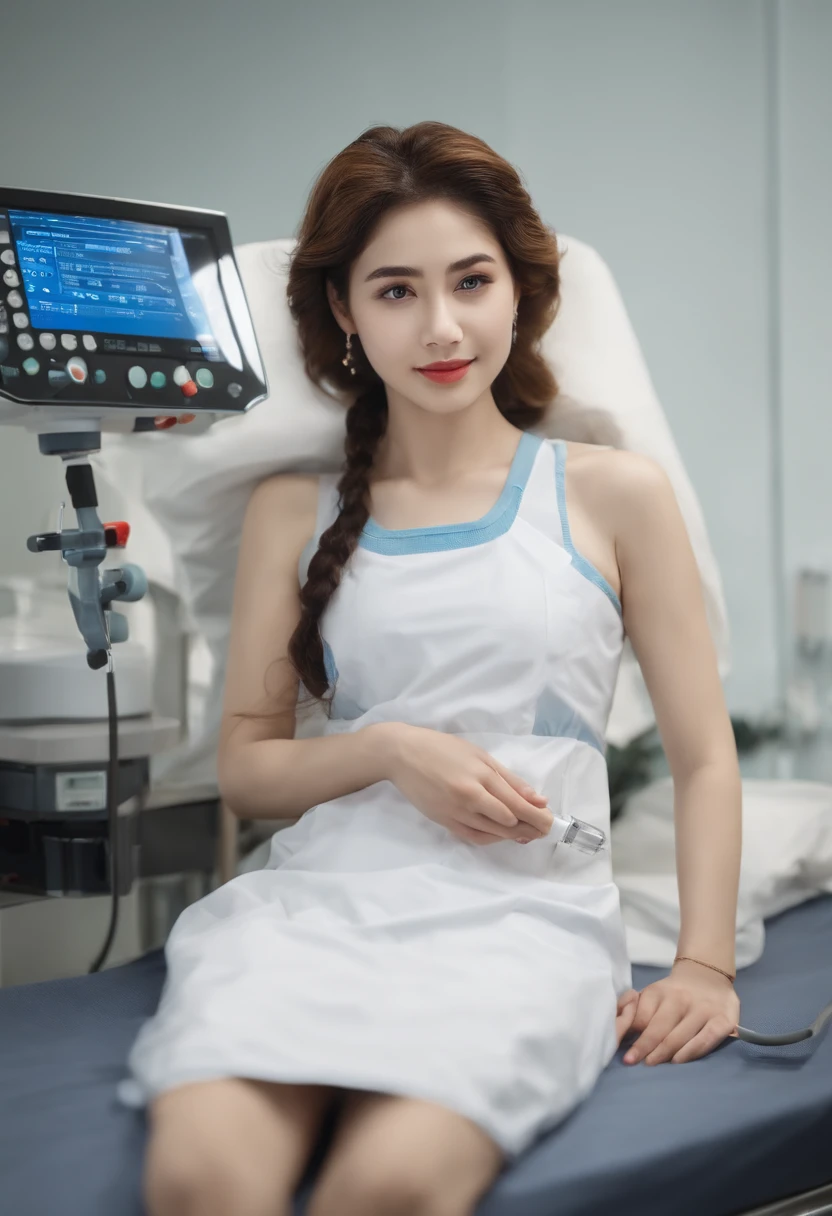 In the ward of the hospital,There are medical equipment next to the bed,A girl lies on a hospital bed,The expression on his face was sad,Wearing a white crop top JK,Wear a short skirt,Get treated,She has an intravenous trocar on the back of her hand,The indwelling needle is secured to the back of the hand with scotch tape,The cannula of the indwelling needle is exposed,The infusion line is exposed,She is receiving an intravenous injection,In the infusion,8K,Best Masterpiece